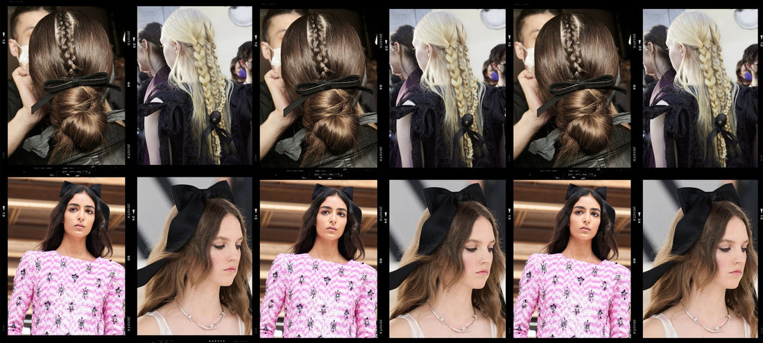 A series of catwalk model pictures in a film strip showing a hair bows