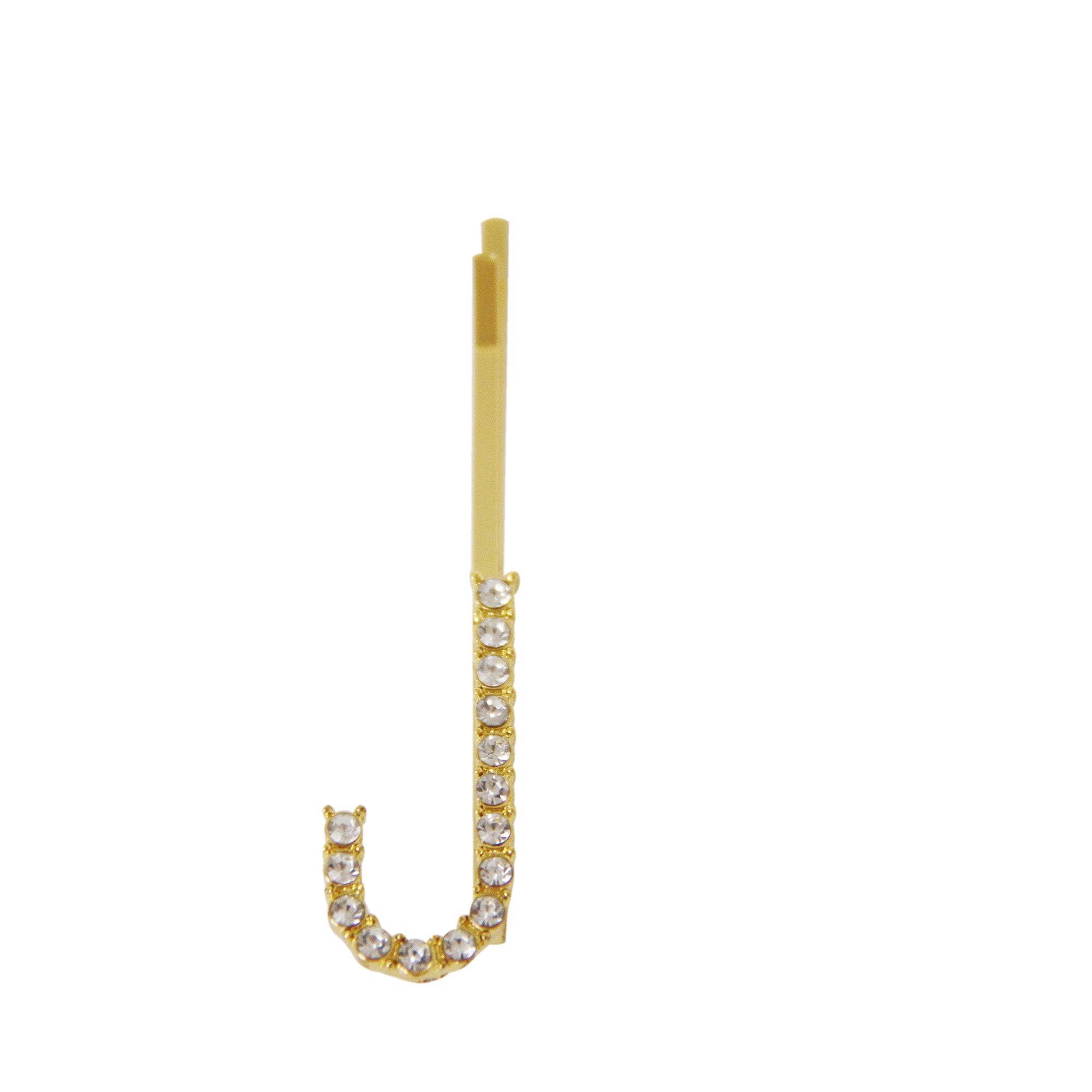 Gold and crystal letter 'J' hair slide on a white background
