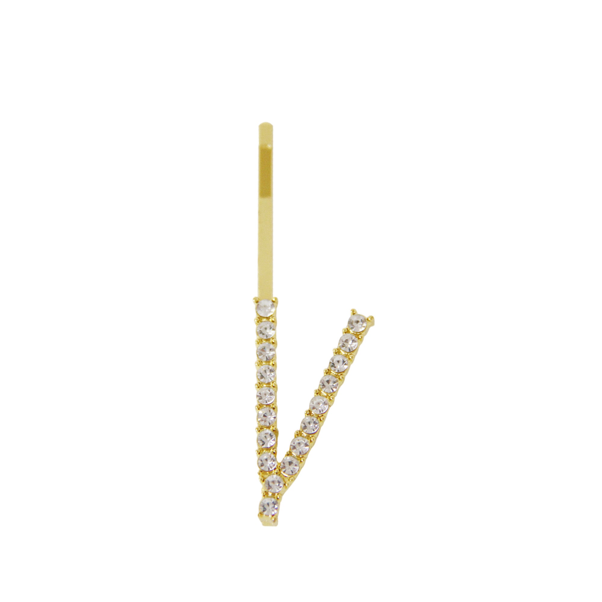 Gold and crystal letter 'V' hair slide on a white background