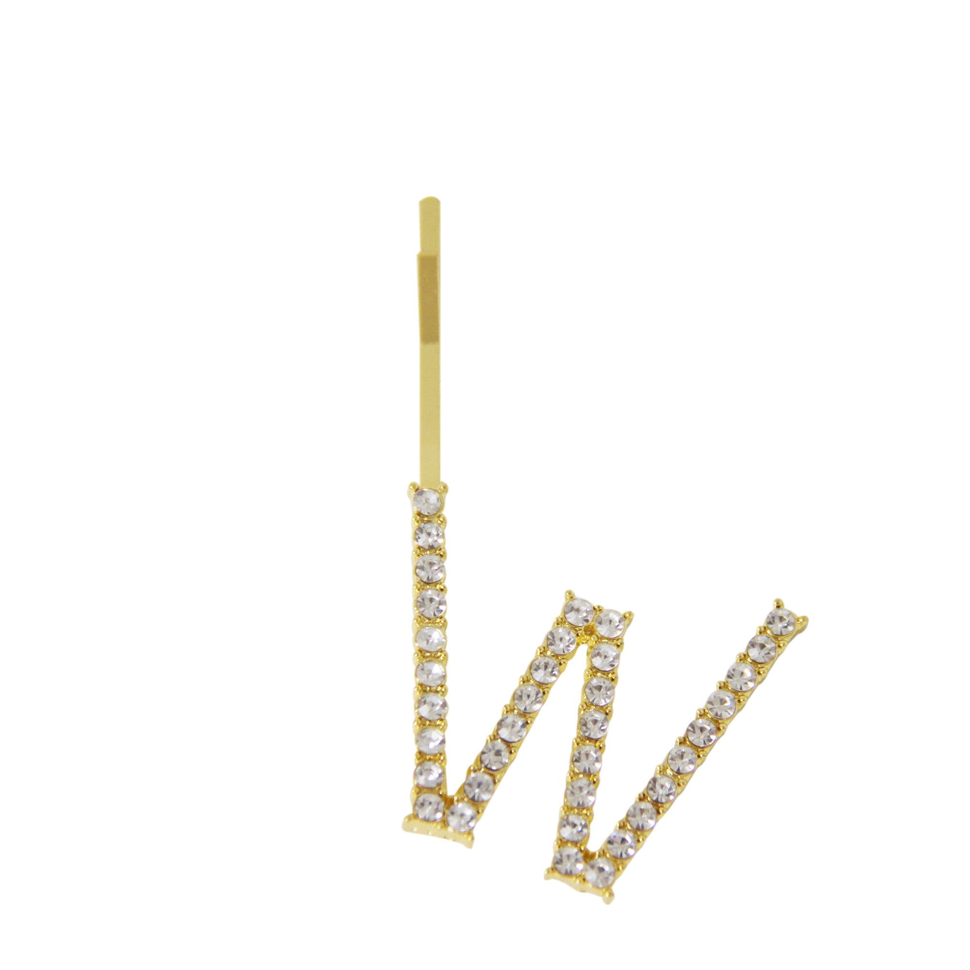 Gold and crystal letter 'W' hair slide on a white background