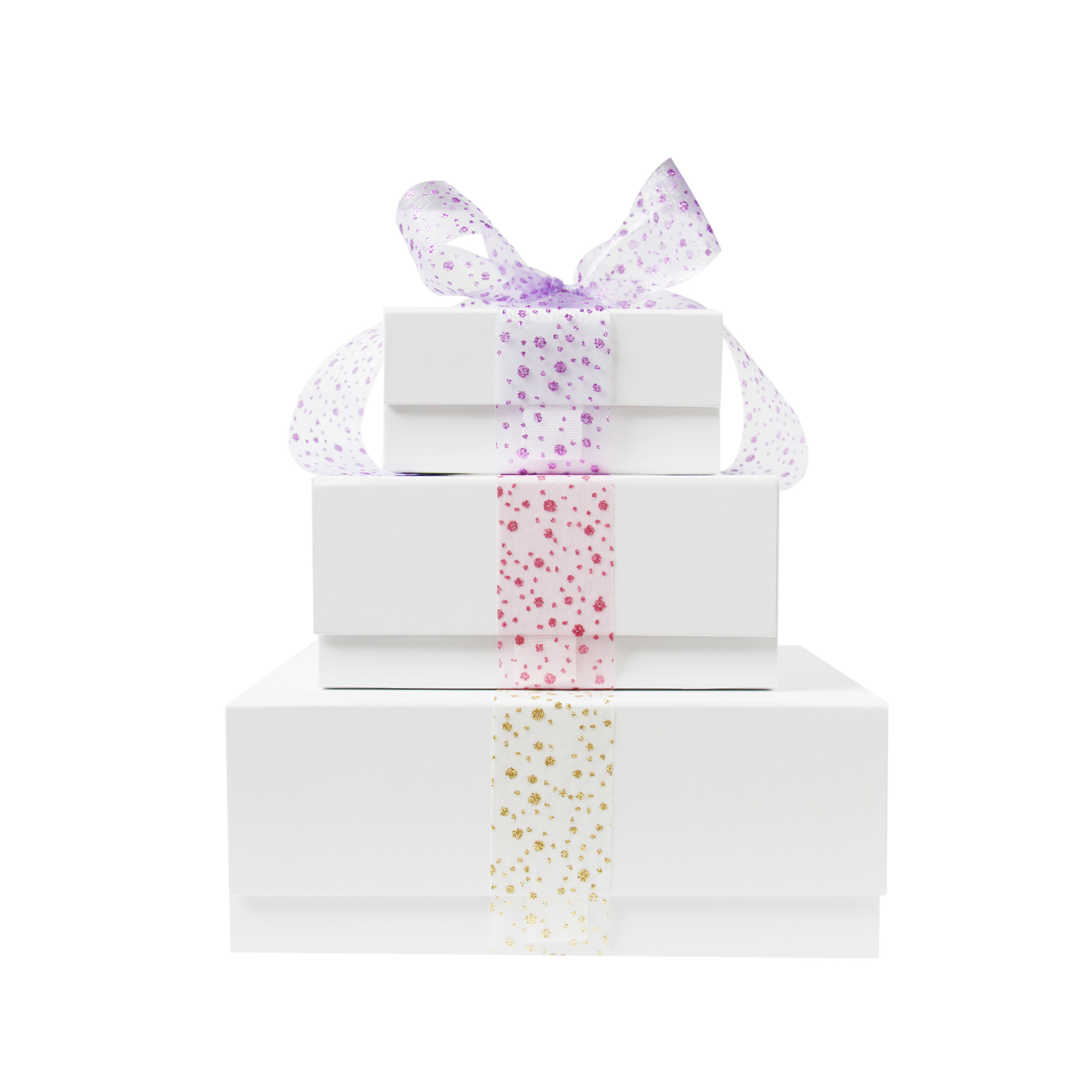 Stack of white gift boxes with decorative ribbons on a white background