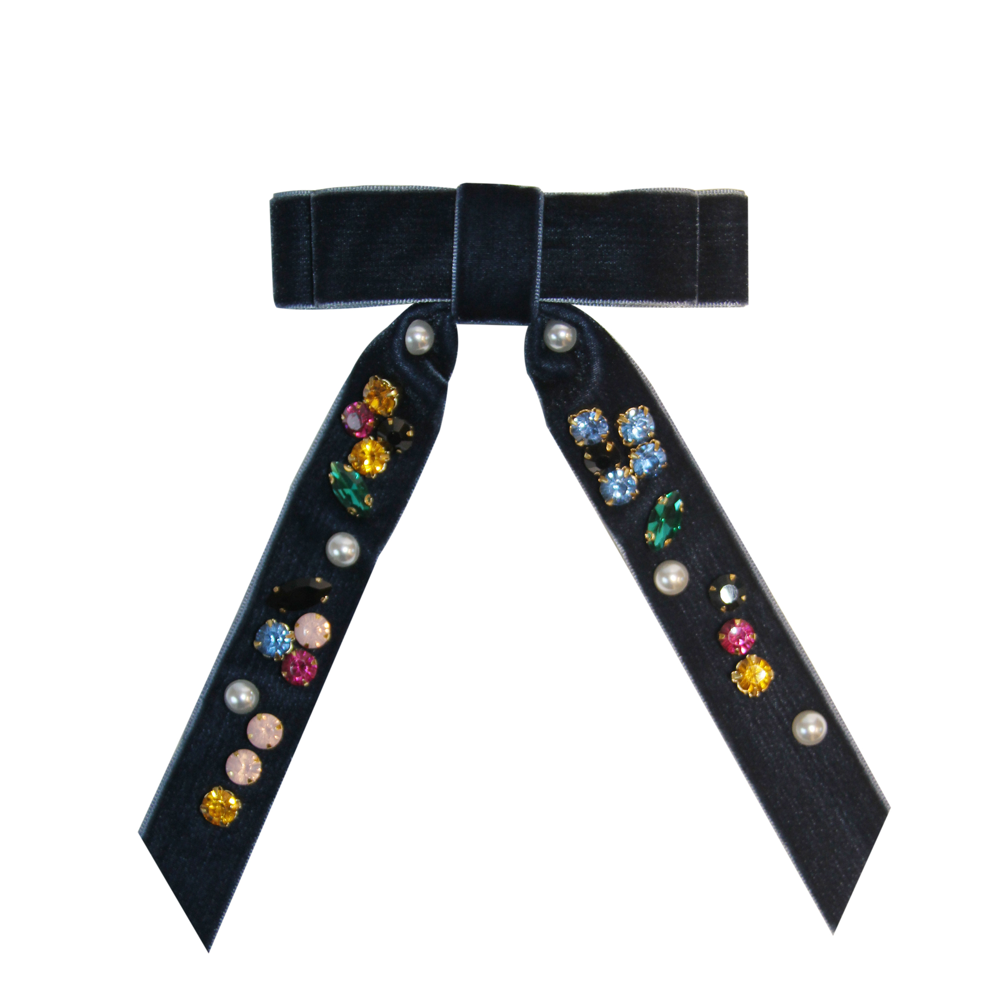 Blue velvet jewelled hair bow with colorful gemstones on a white background