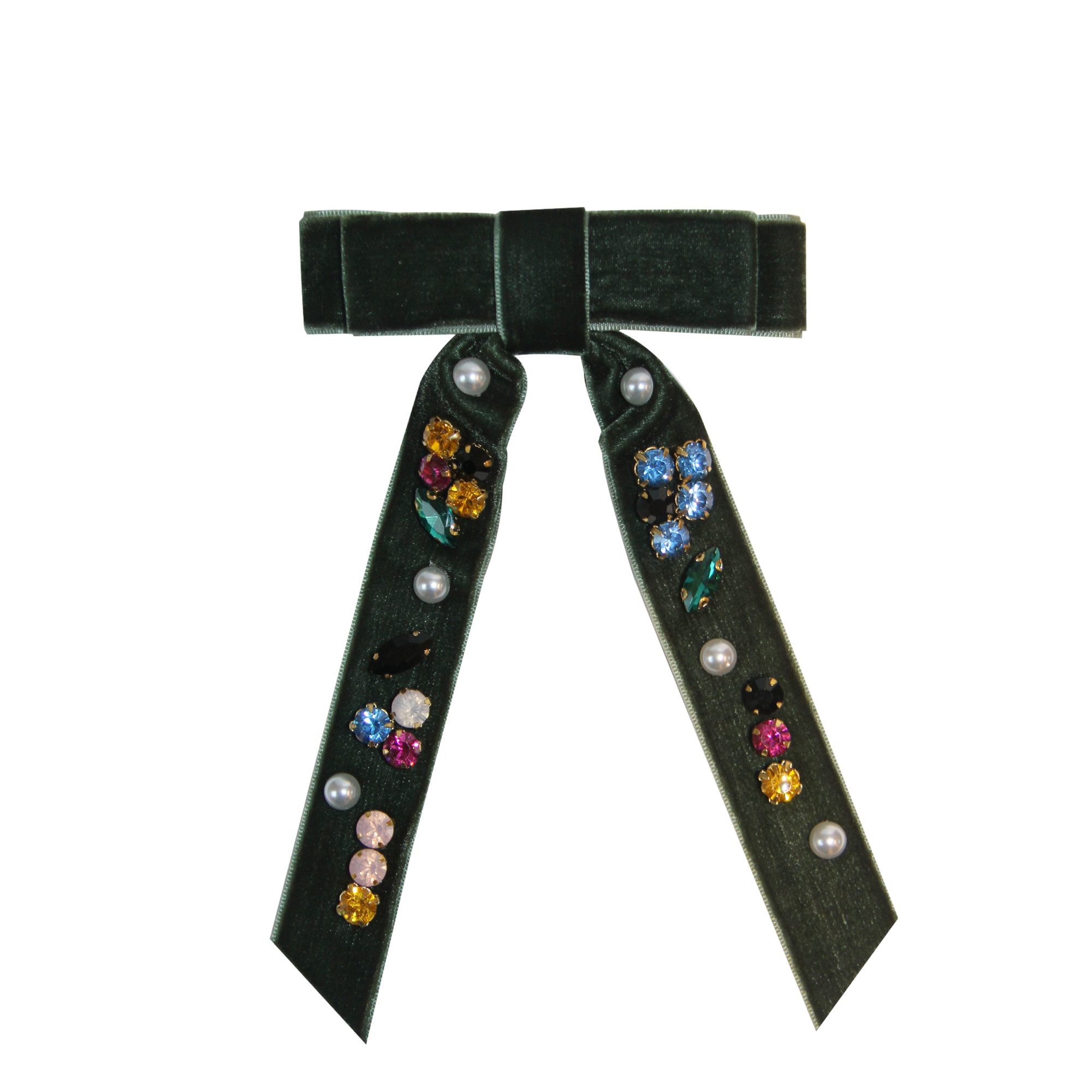 Green jewelled velvet hair bows with colorful gemstones on a white background
