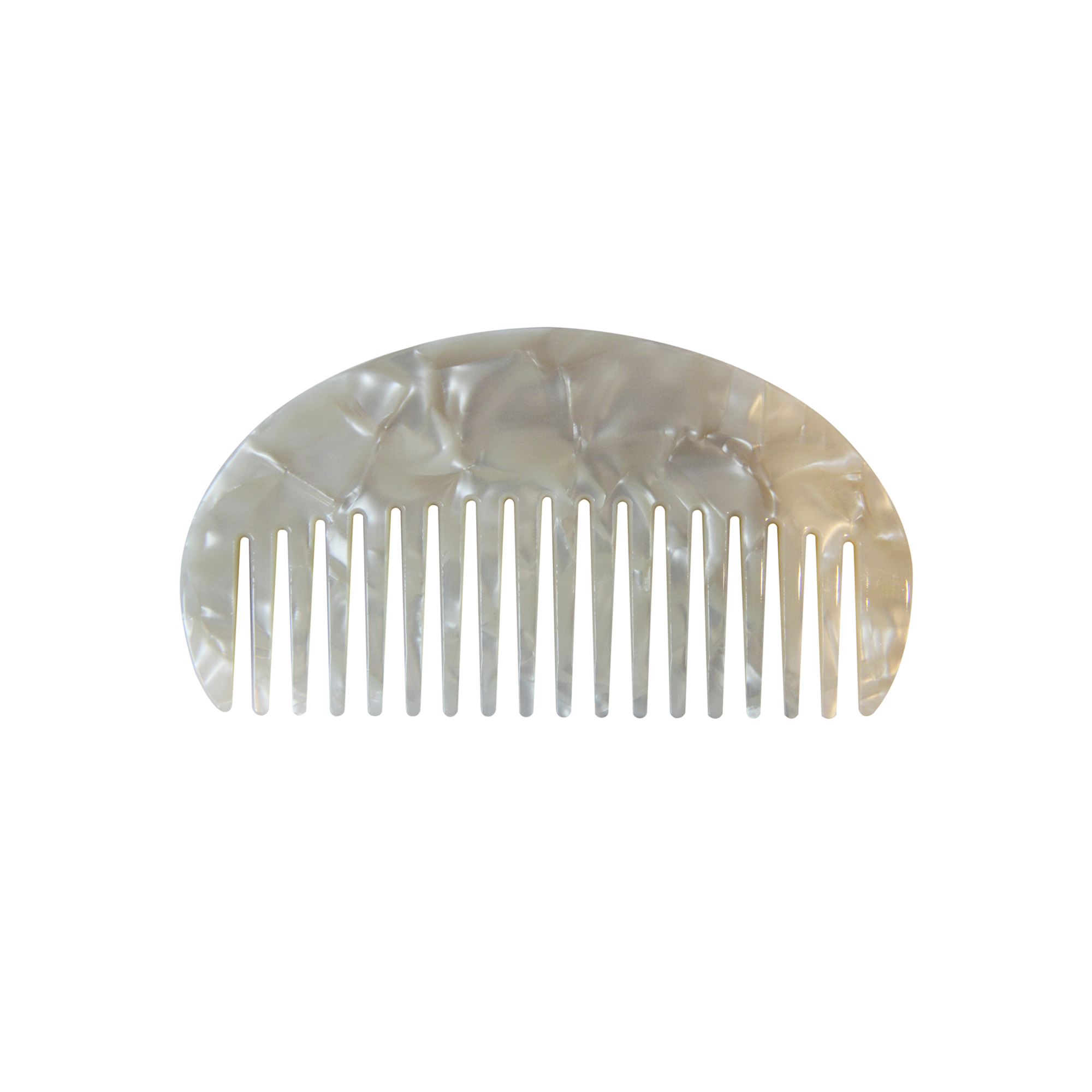 Oval mother of pearl resin hair comb on a white background