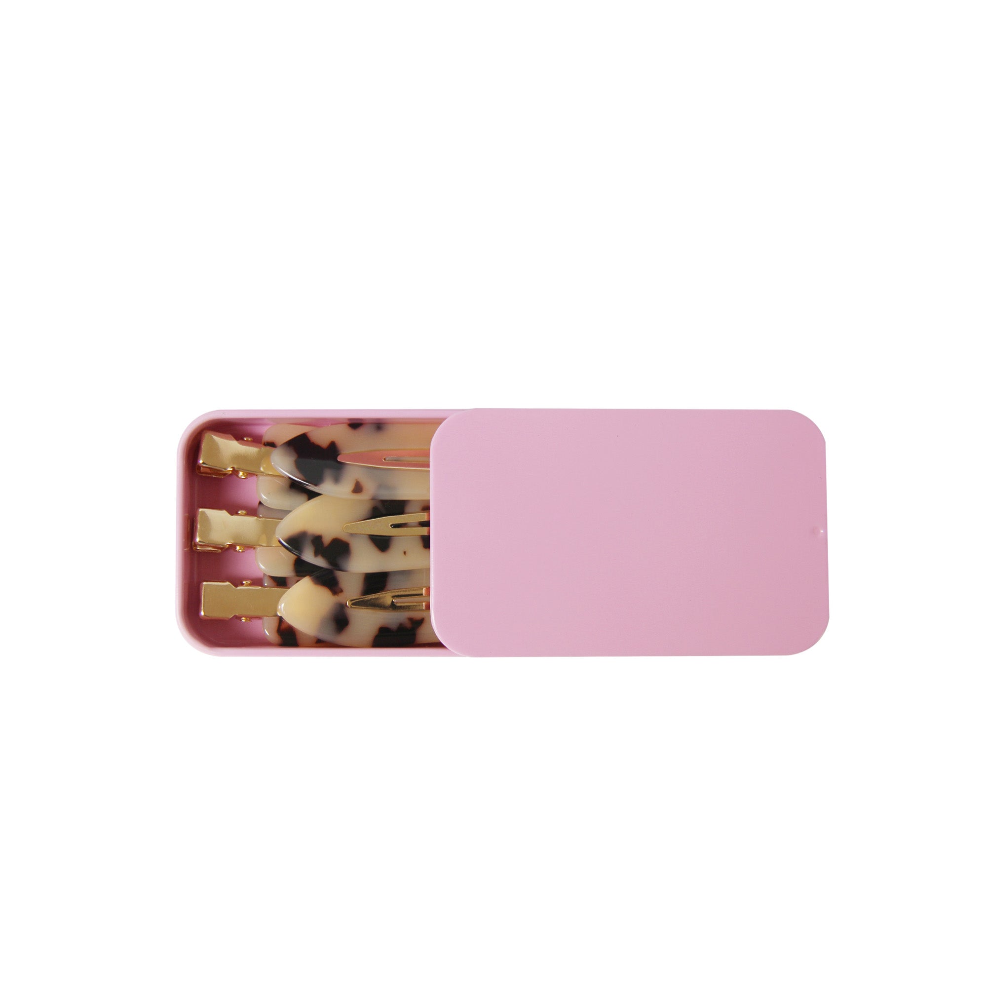 Pink tin containing 6 light tortoiseshell non creased hair clips on a white background