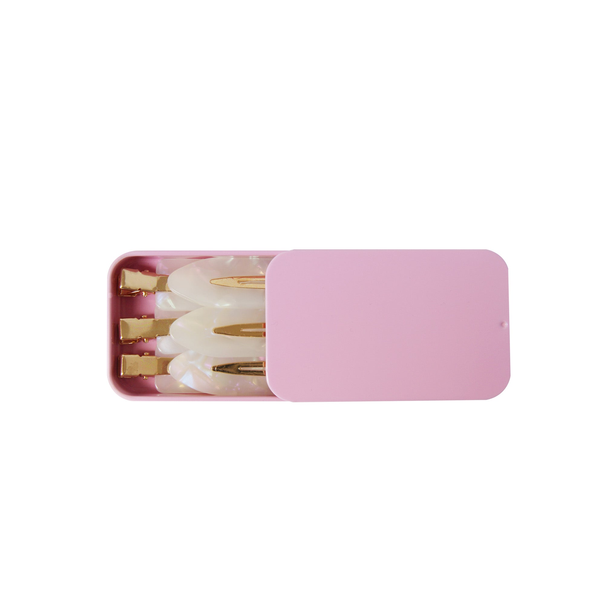 Pink tin containing 6 pearlised non creased hair clips on a white background