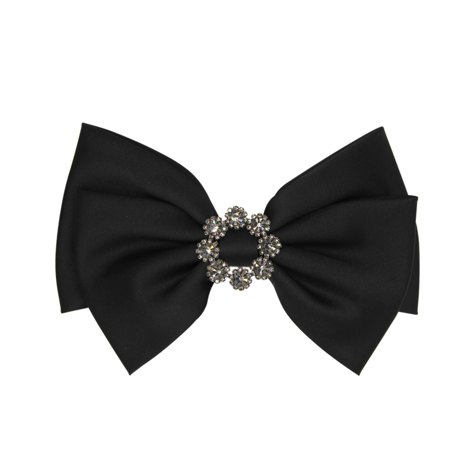 Black hair bow clip with a crystal rosette detail on a white background