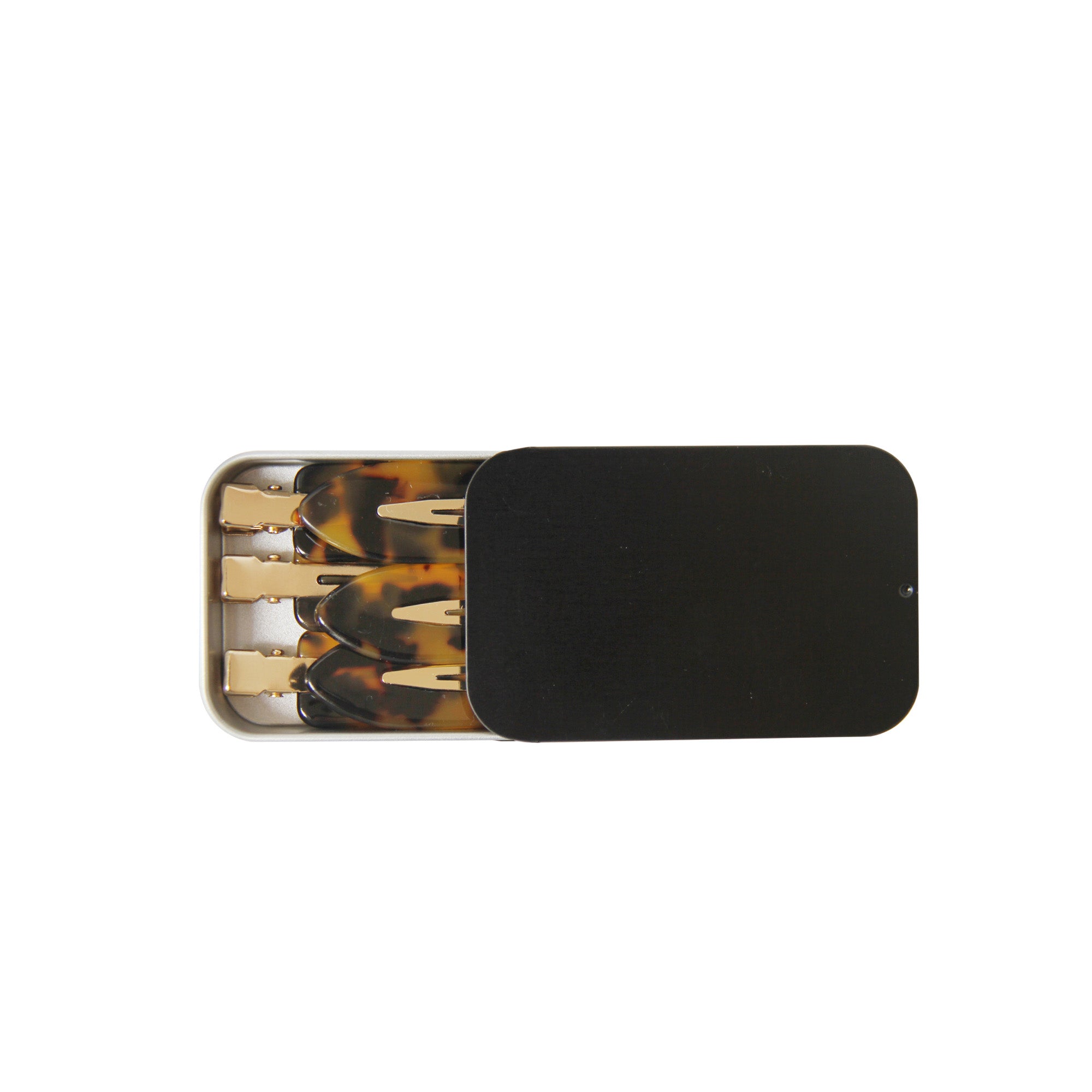 Black tin containing 6 dark tortoiseshell non creased hair clips on a white background