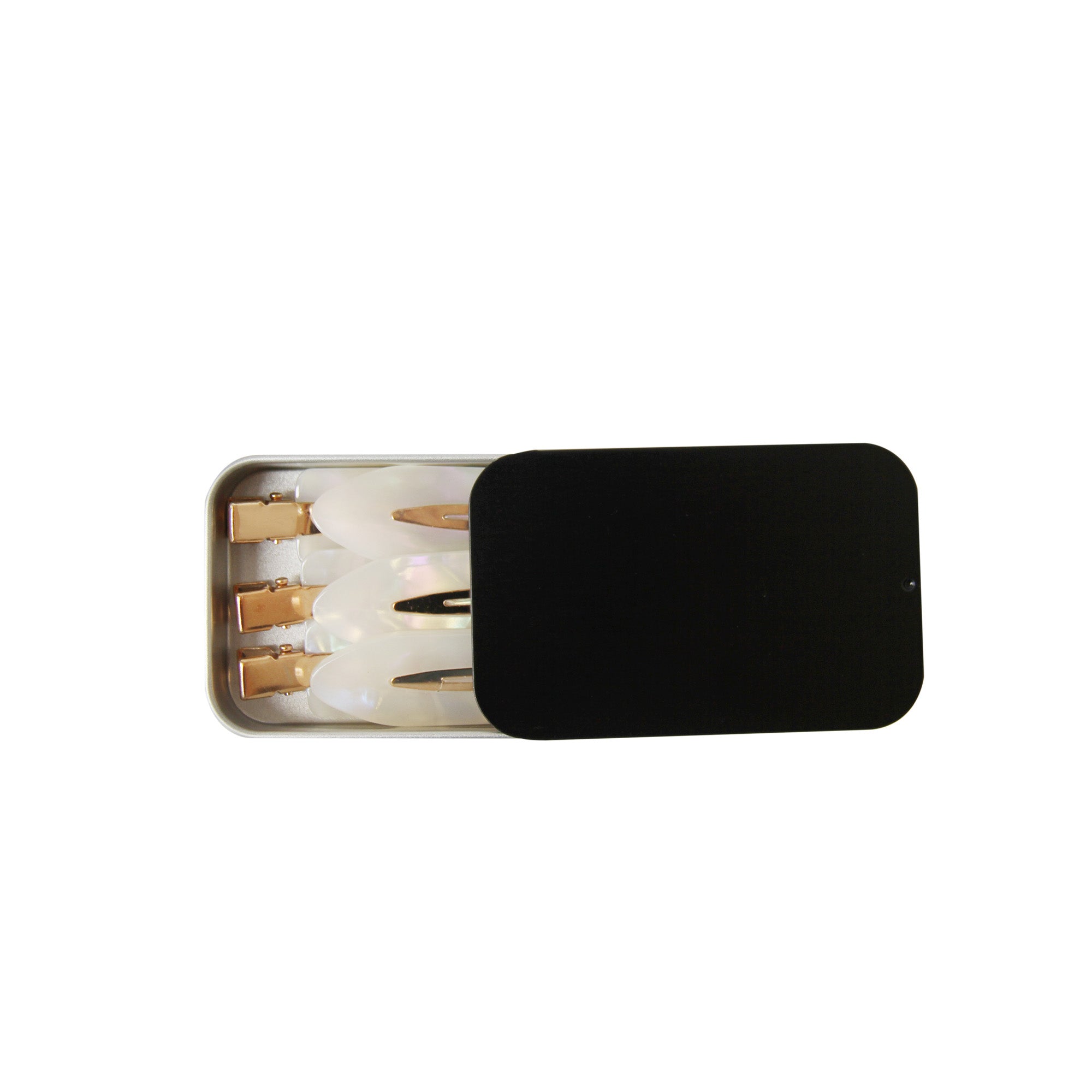 Black tin containing 6 pearlised non creased hair clips on a white background