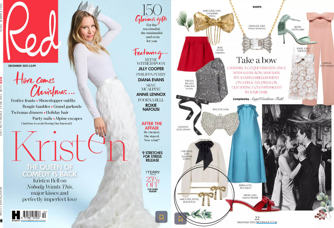 Red Magazine cover with a woman in a white dress, and an editorial page of festive items, and fashion photos, featuring Braid & Bow set of 2 gold hair clips