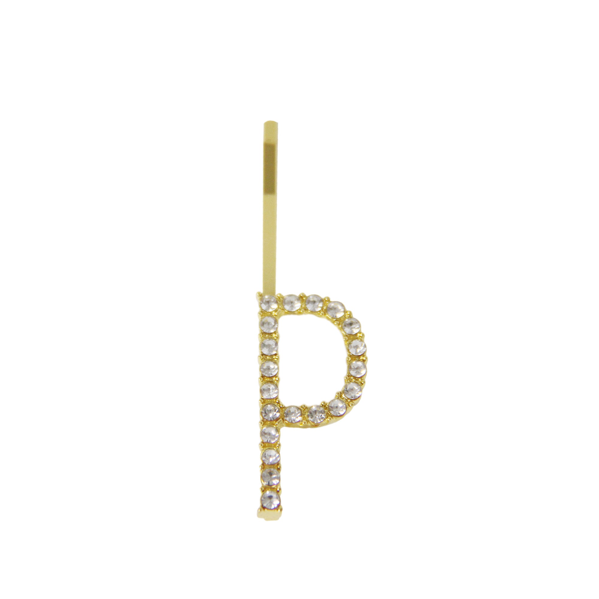 Gold and crystal letter 'P' hair slide on a white background