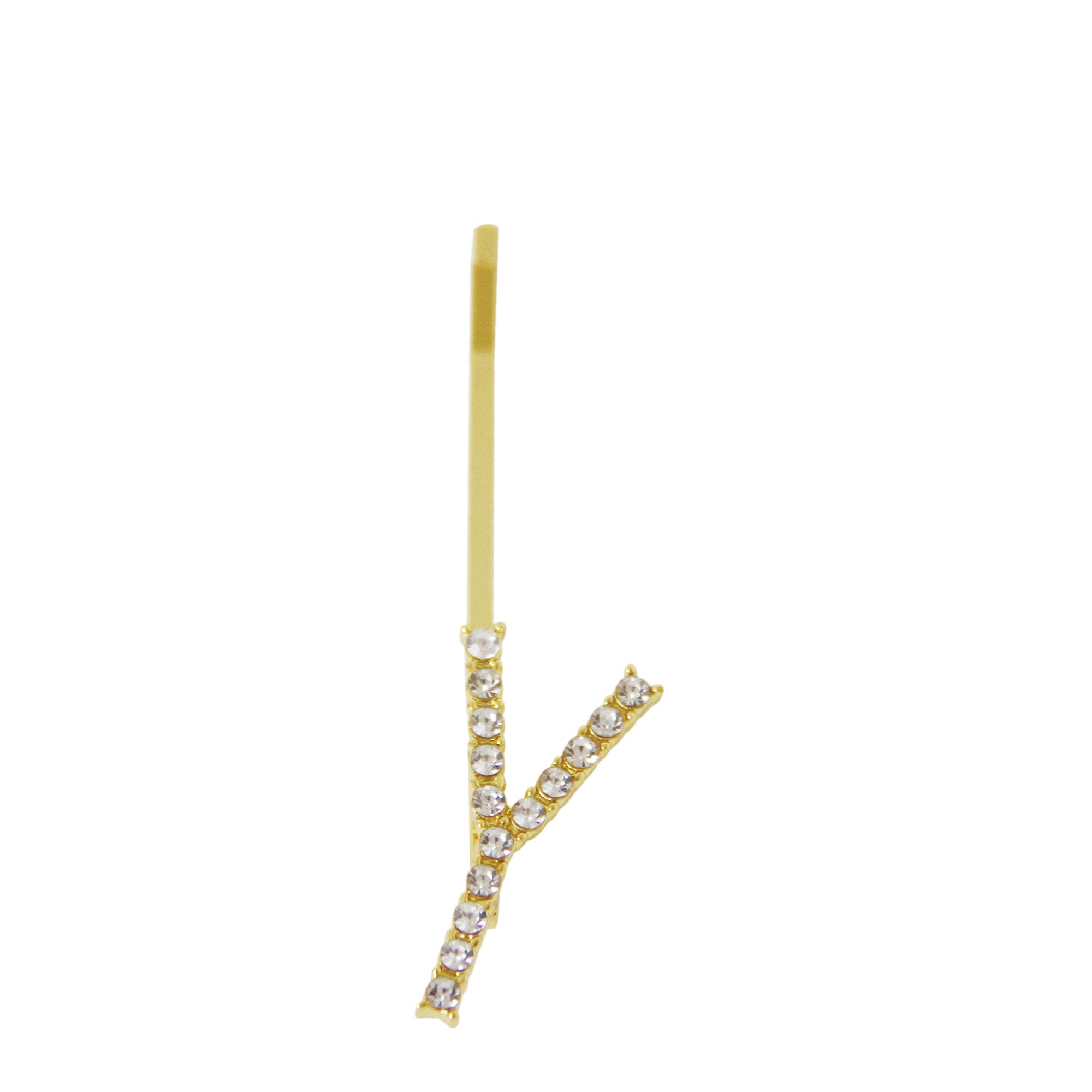 Gold and crystal letter 'Y' hair slide on a white background