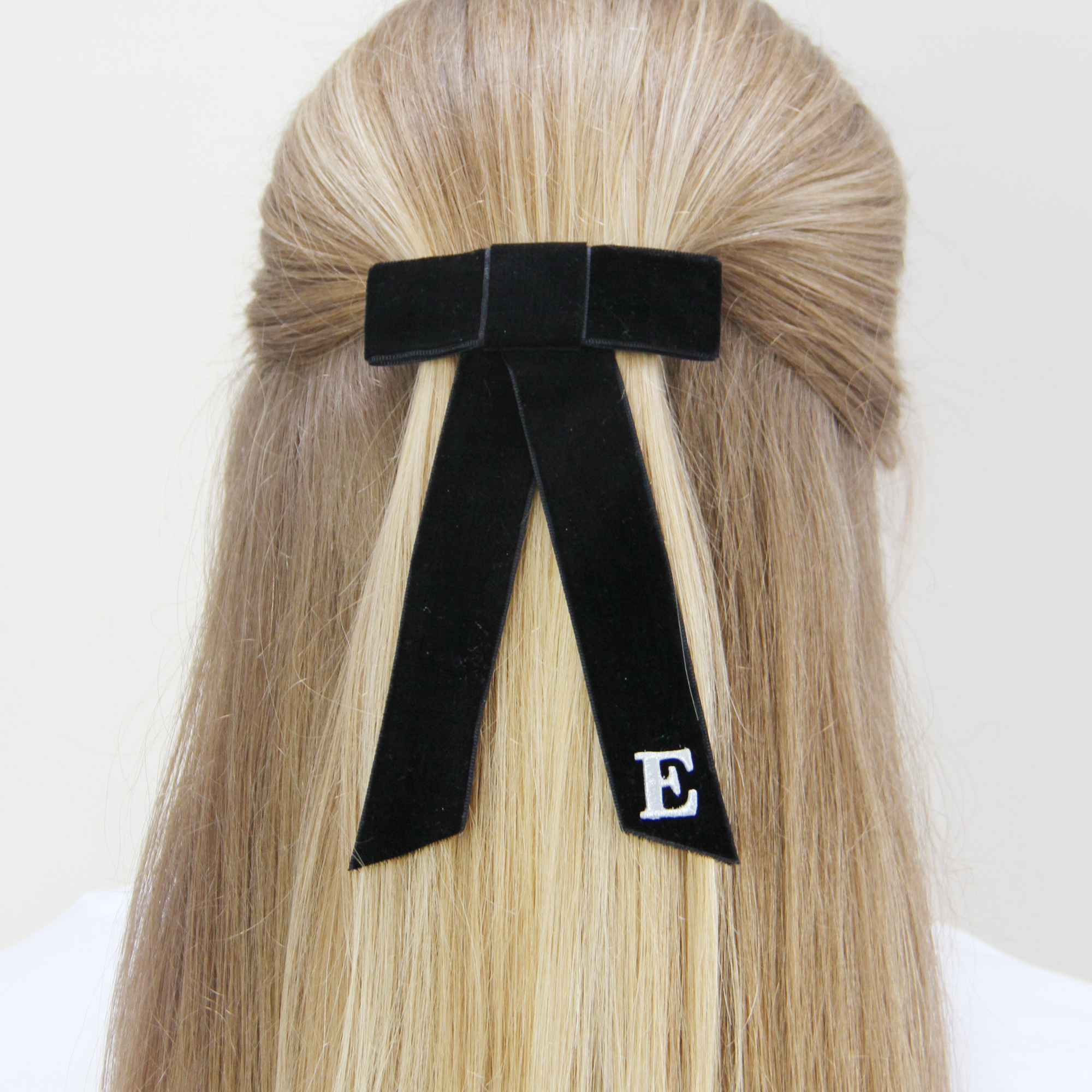 Silver Monogrammed Black Velvet Hair Bow