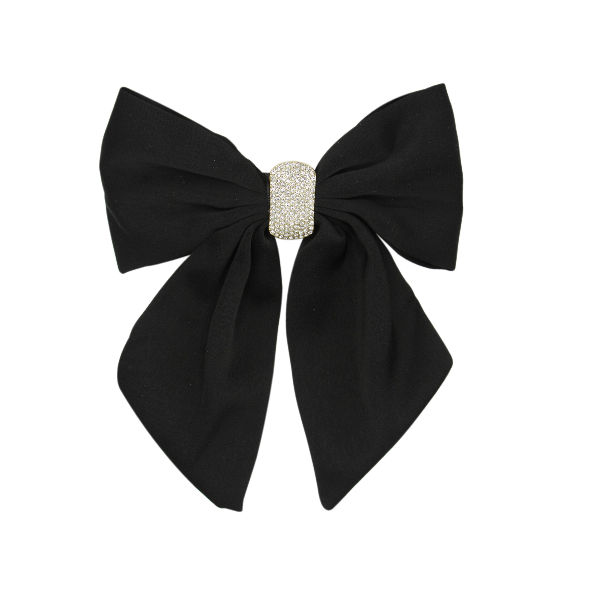 Black hair bow with a crystal pave center on a white background