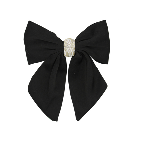 Black hair bow with a crystal pave center on a white background