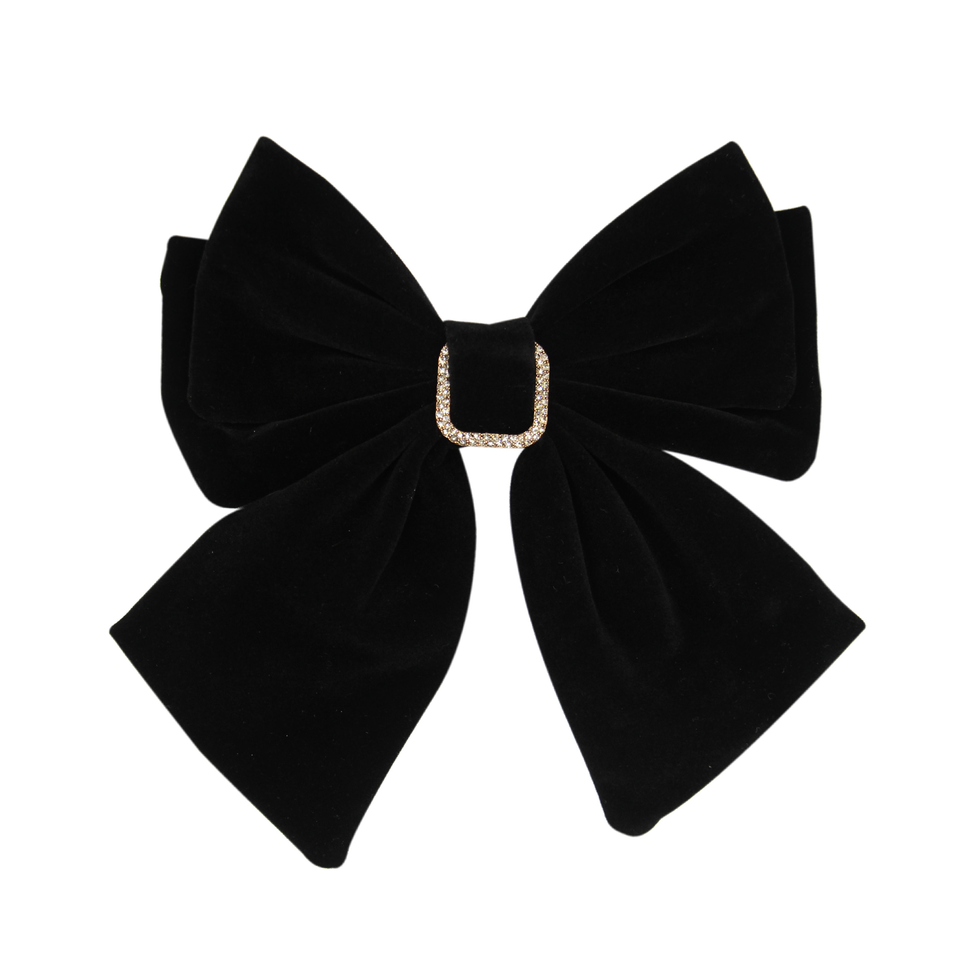 Black velvet bow with a crystal detail on a white background