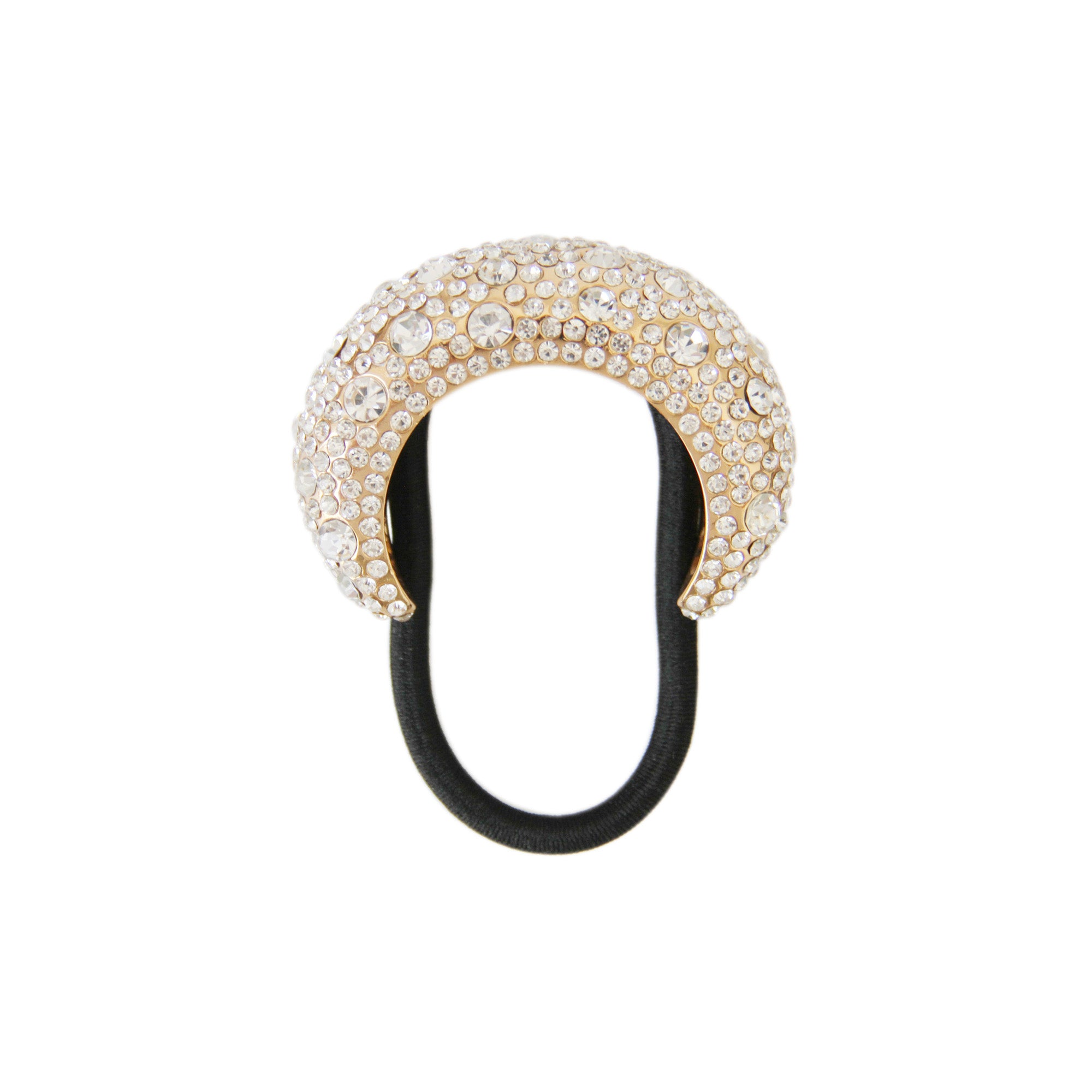 Gold crystal encrusted ponytail holder on a white background