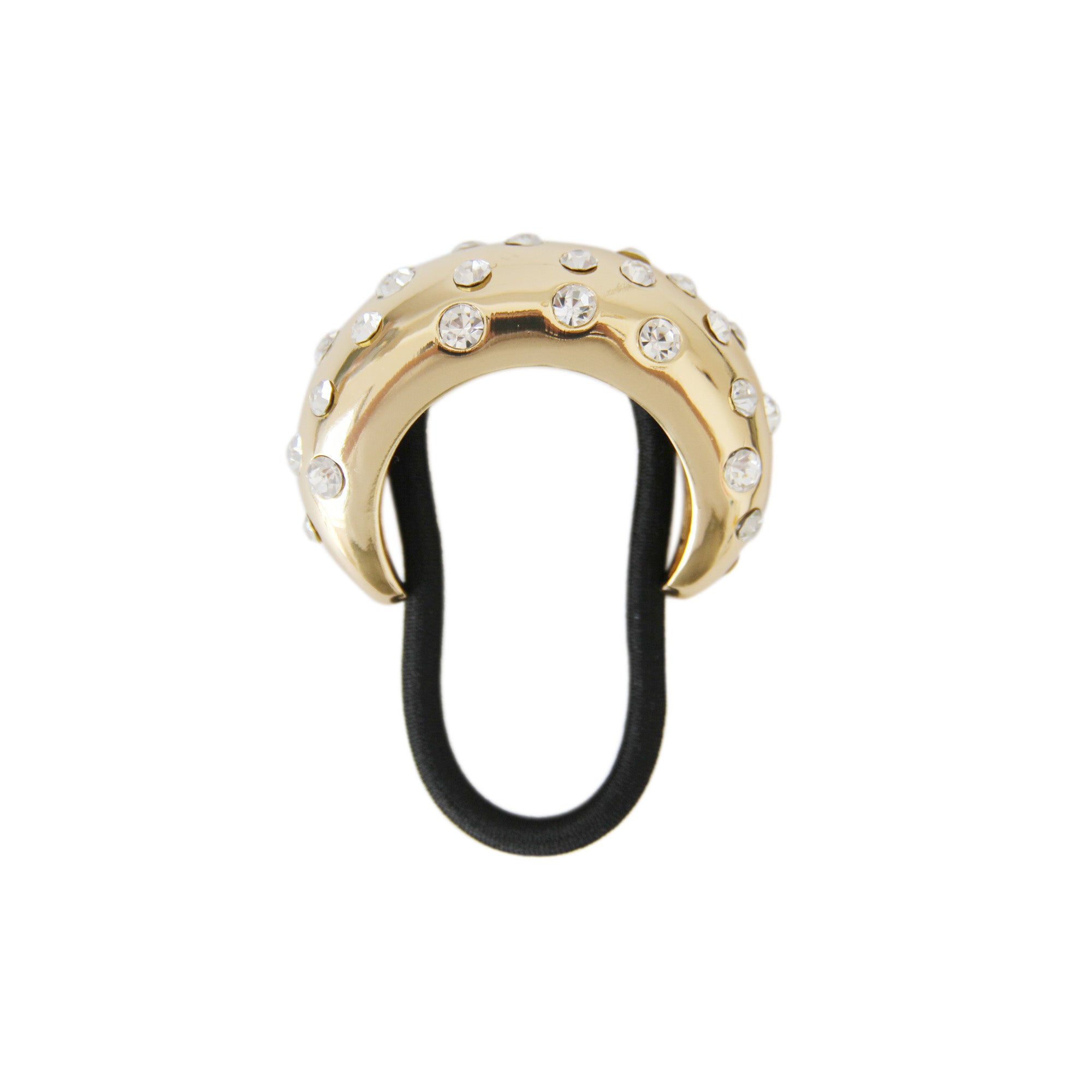 Gold crystal studded ponytail holder on a white background