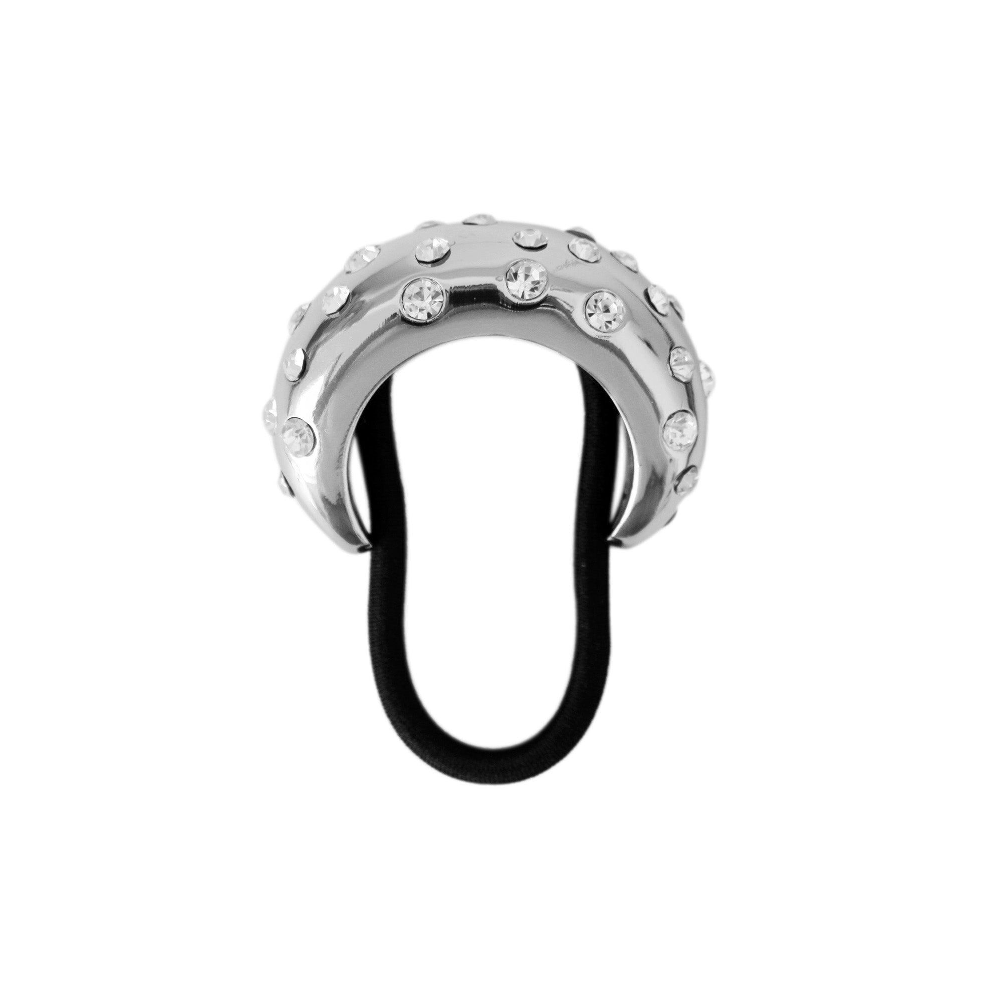 Silver crystal studded ponytail holder on a white background