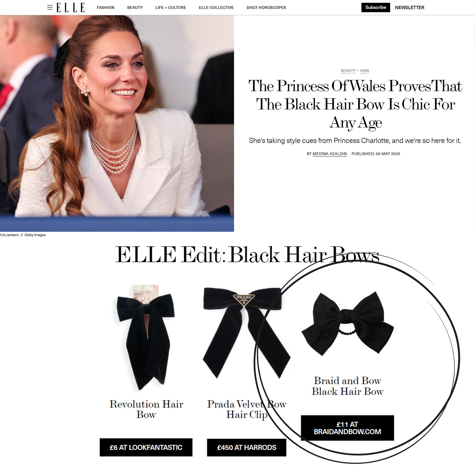 ELLE magazine article featuring the Ptincess Of Wales with black hair bow and a selection of black hair bows on a white background.