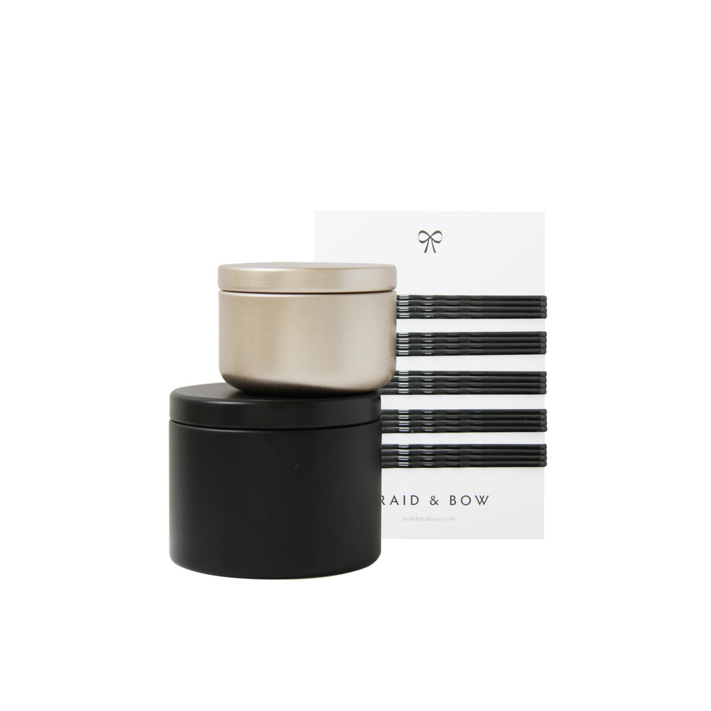 Braid & Bow Gift Set, showing a stack tins containg hair ties and mini hair claws and a set of 20 black kirby grips on a white background