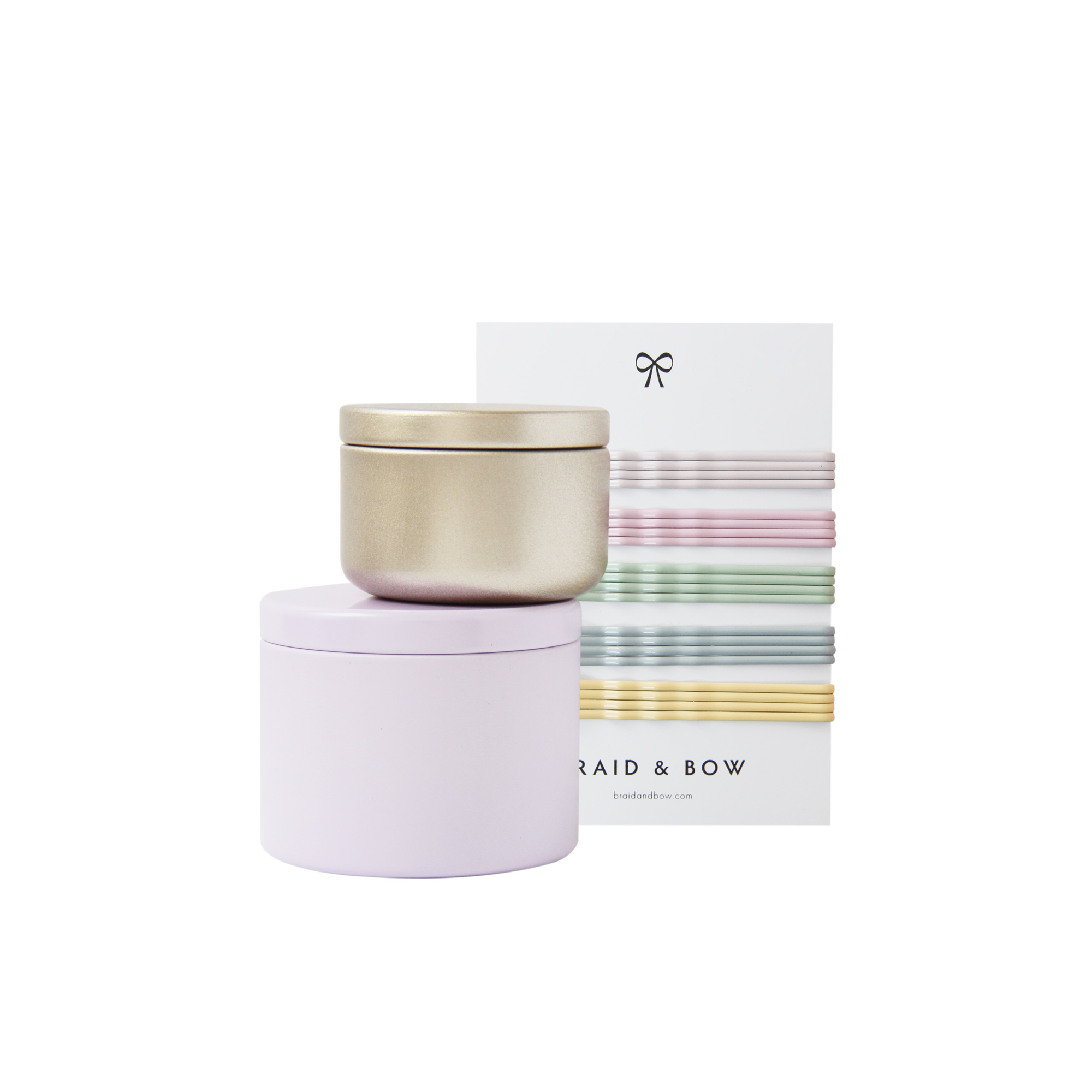 Braid & Bow Gift Set, showing a stack tins containg hair ties and mini hair claws and a set of 20 pastel kirby grips on a white background