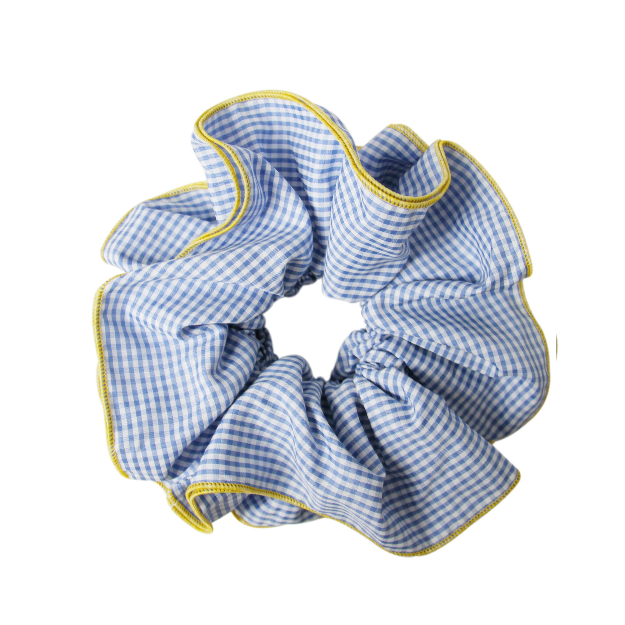 Blue gingham scrunchie with a yellow trim on a white background
