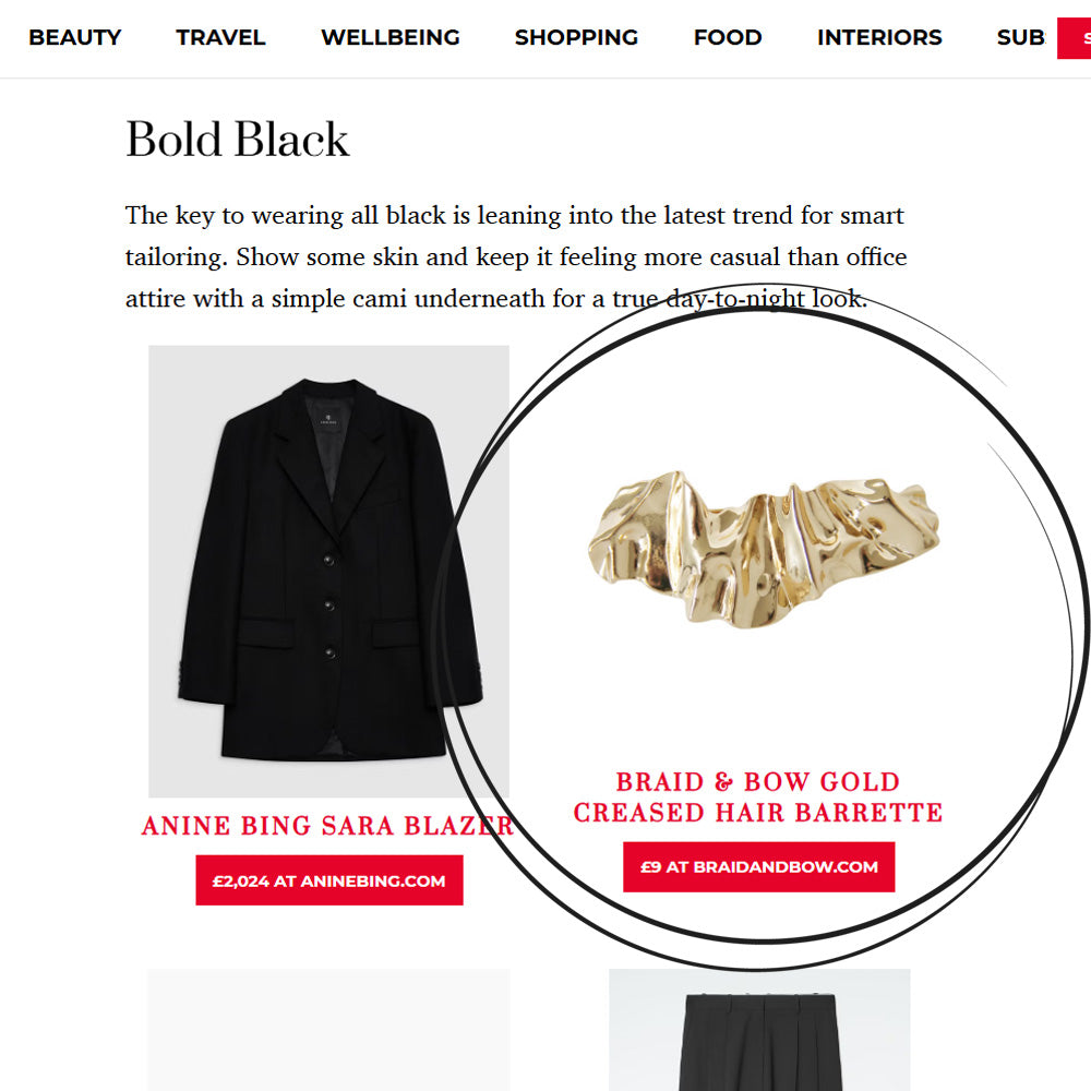 Braid & Bow gold creased hair barrette featured in a red shopping page