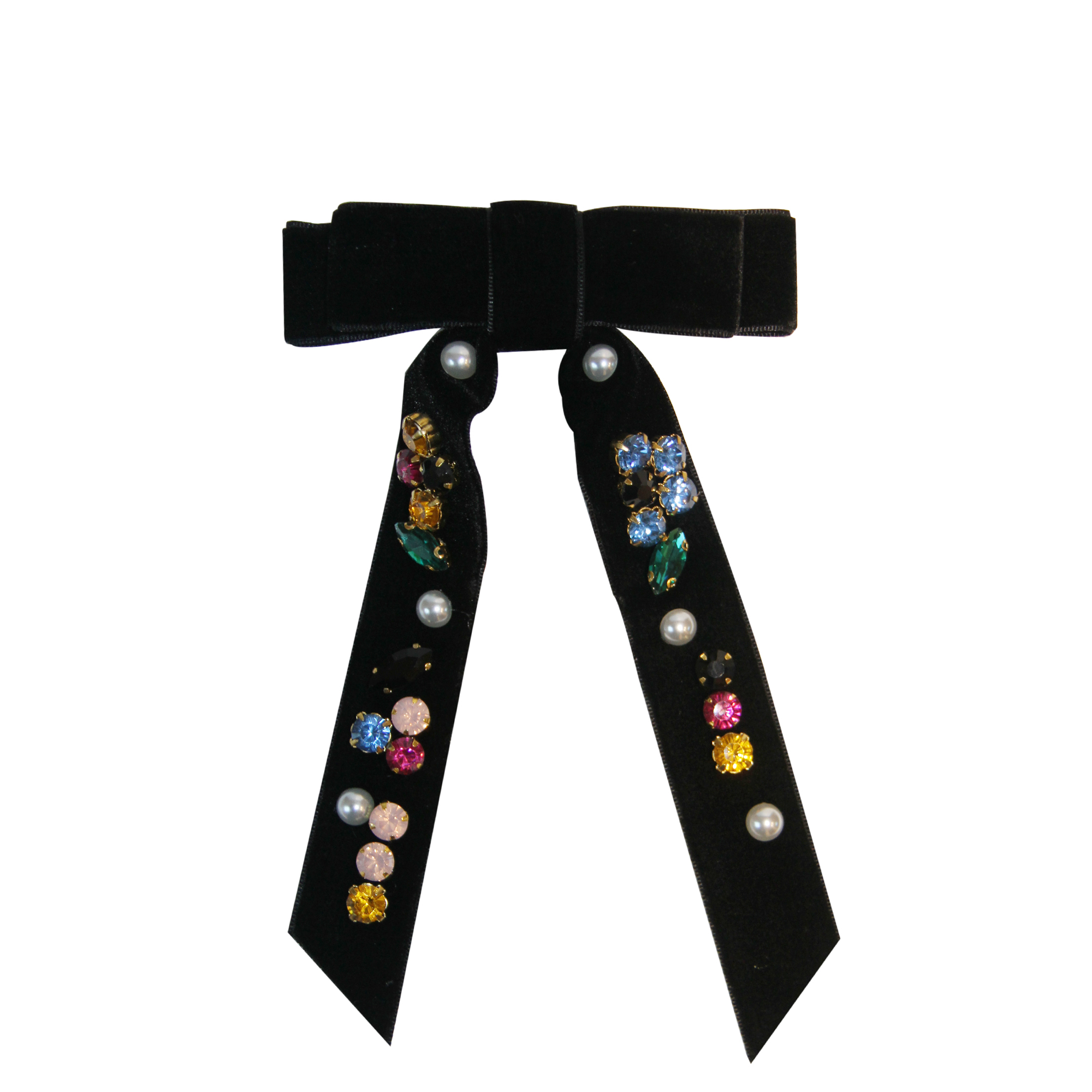 Black velvet jewelled hair bow with colorful gemstones on a white background