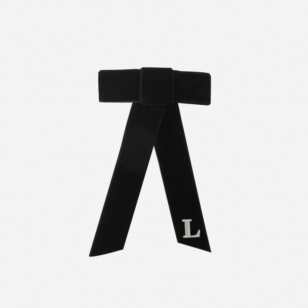 Silver Monogrammed Black Velvet Hair Bow