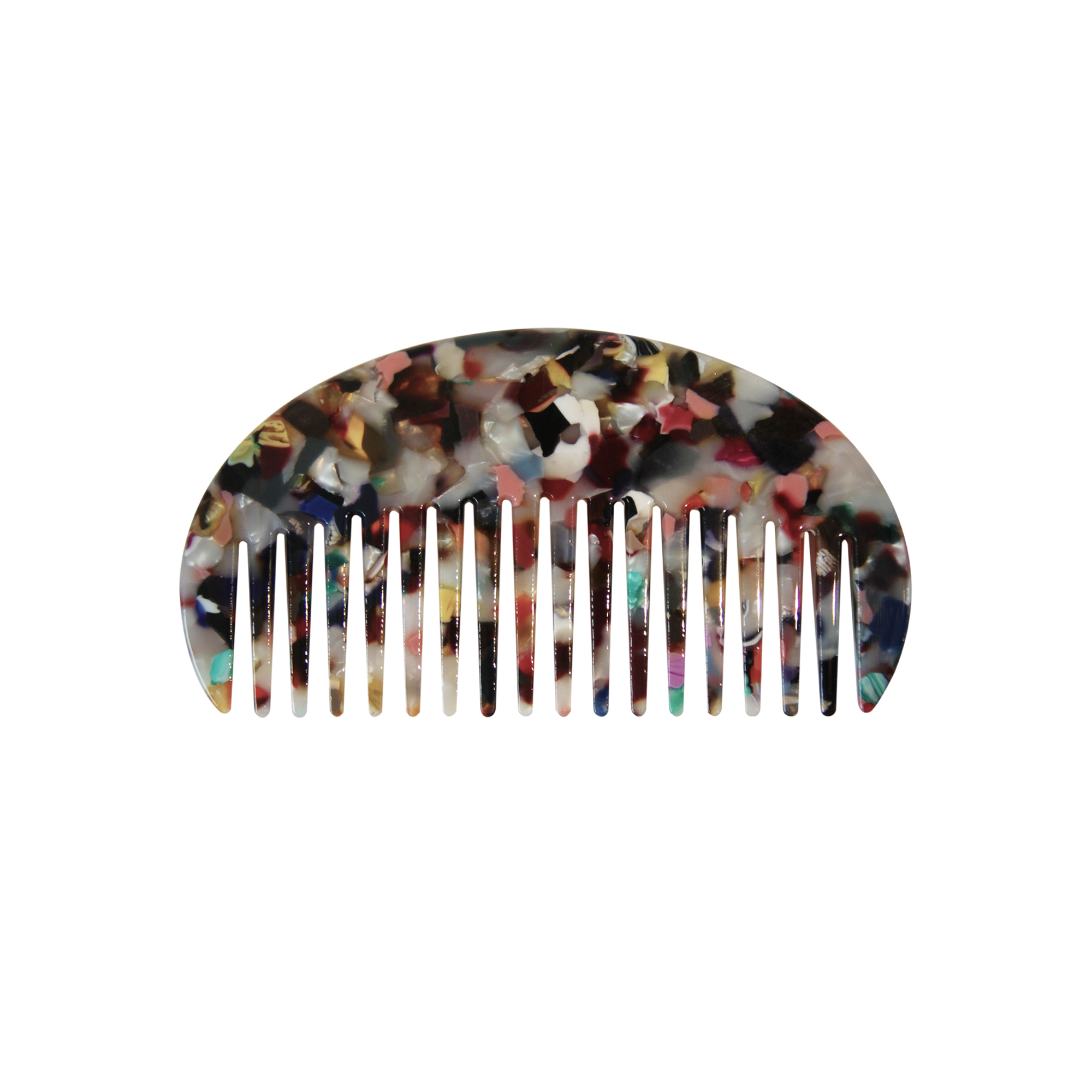 Multicolored oval resin hair comb on a white background