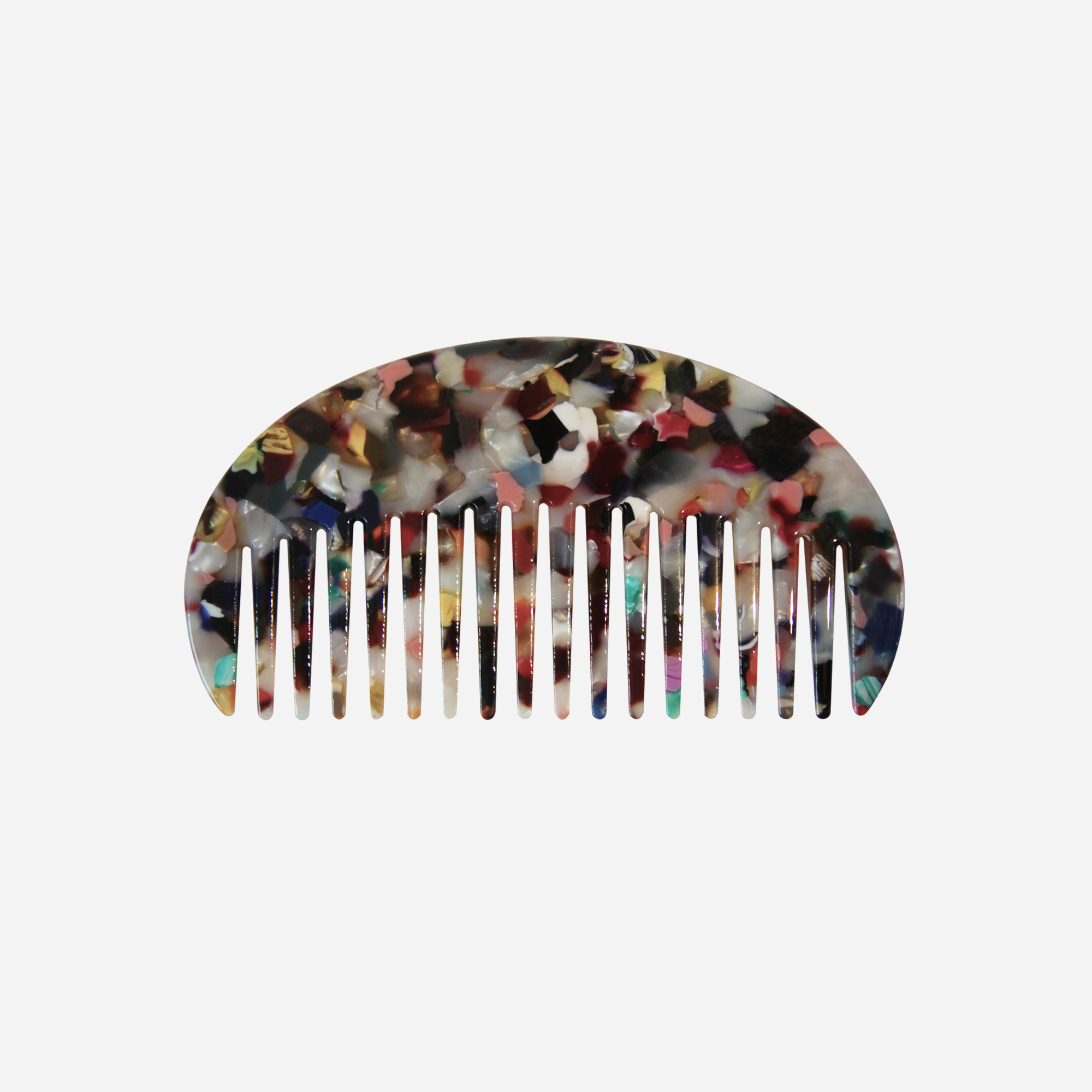 Oval multi coloured wide tooth resin hair comb that's great for detagling and styling