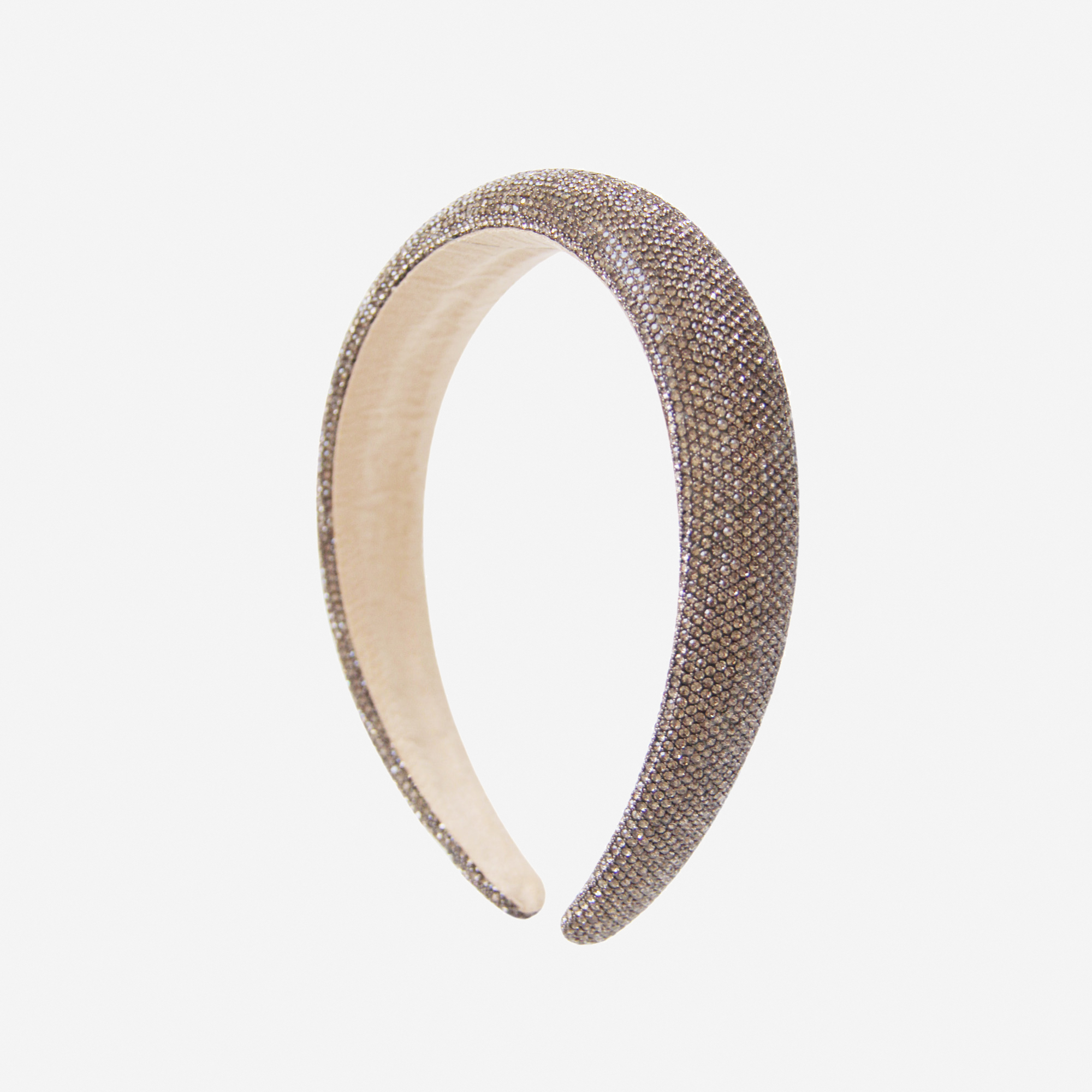 Smokey quartz crystal pave headband on an off white background