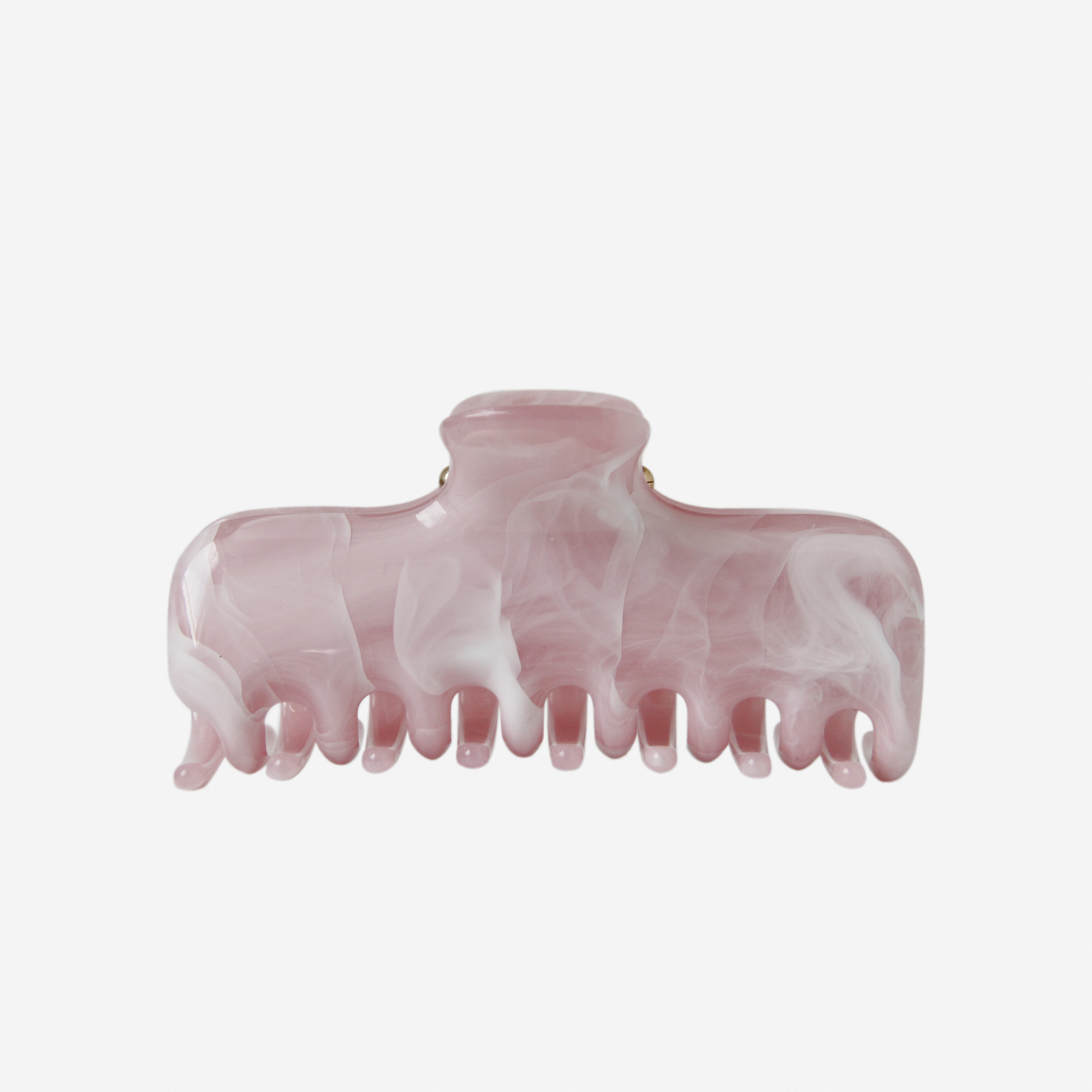 Pink and white marbled hair claw on a light gray background