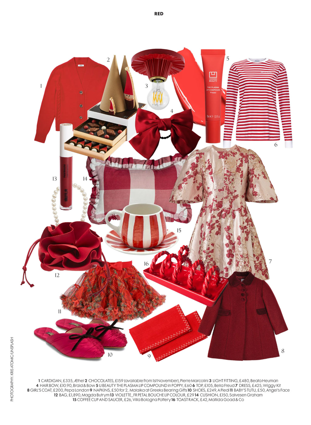 Red magazine fashion page featuring a election of red gift ideas, including Braid & Bow red bow hair tie