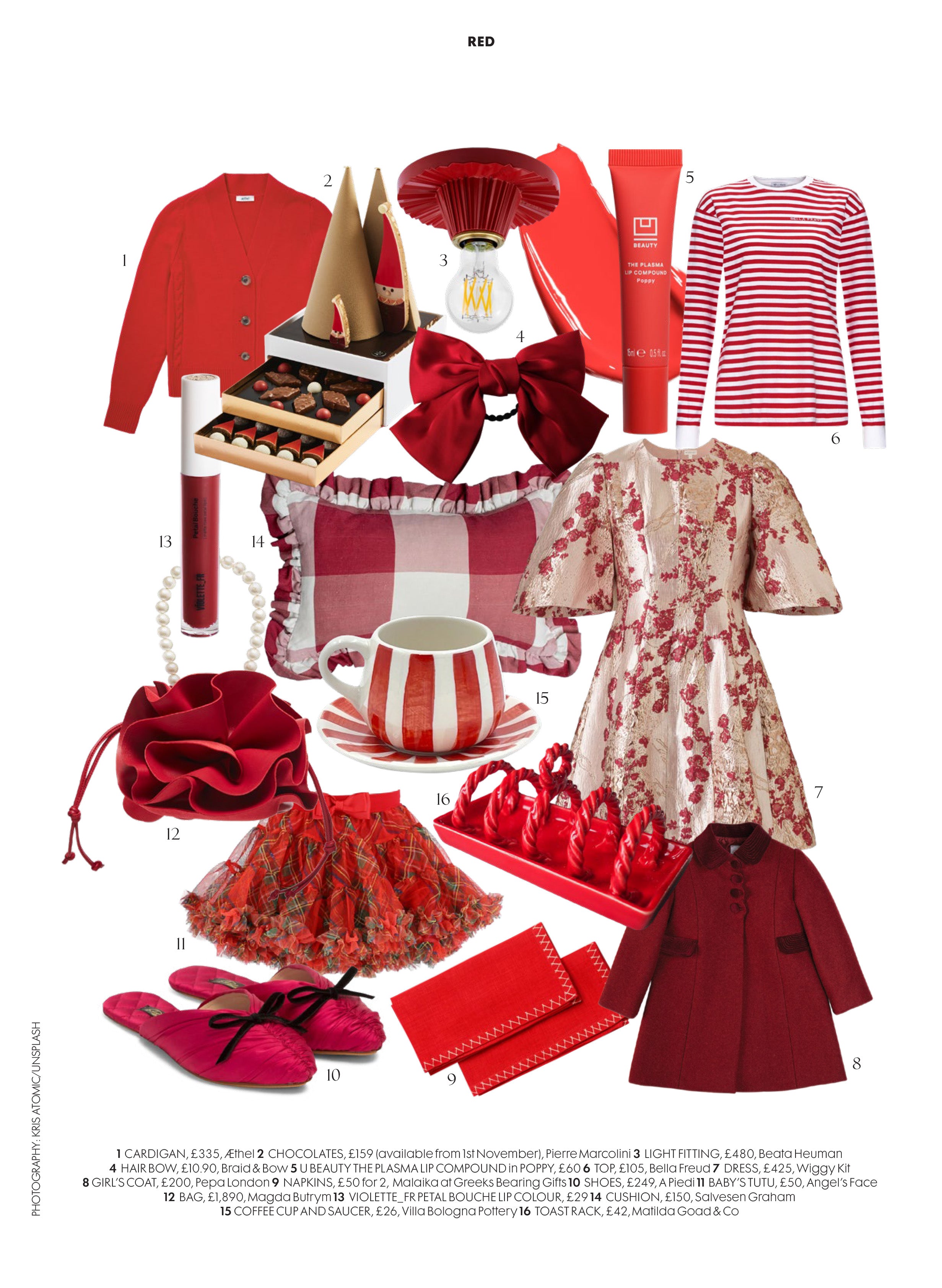 Red magazine fashion page featuring a election of red gift ideas, including Braid & Bow red bow hair tie