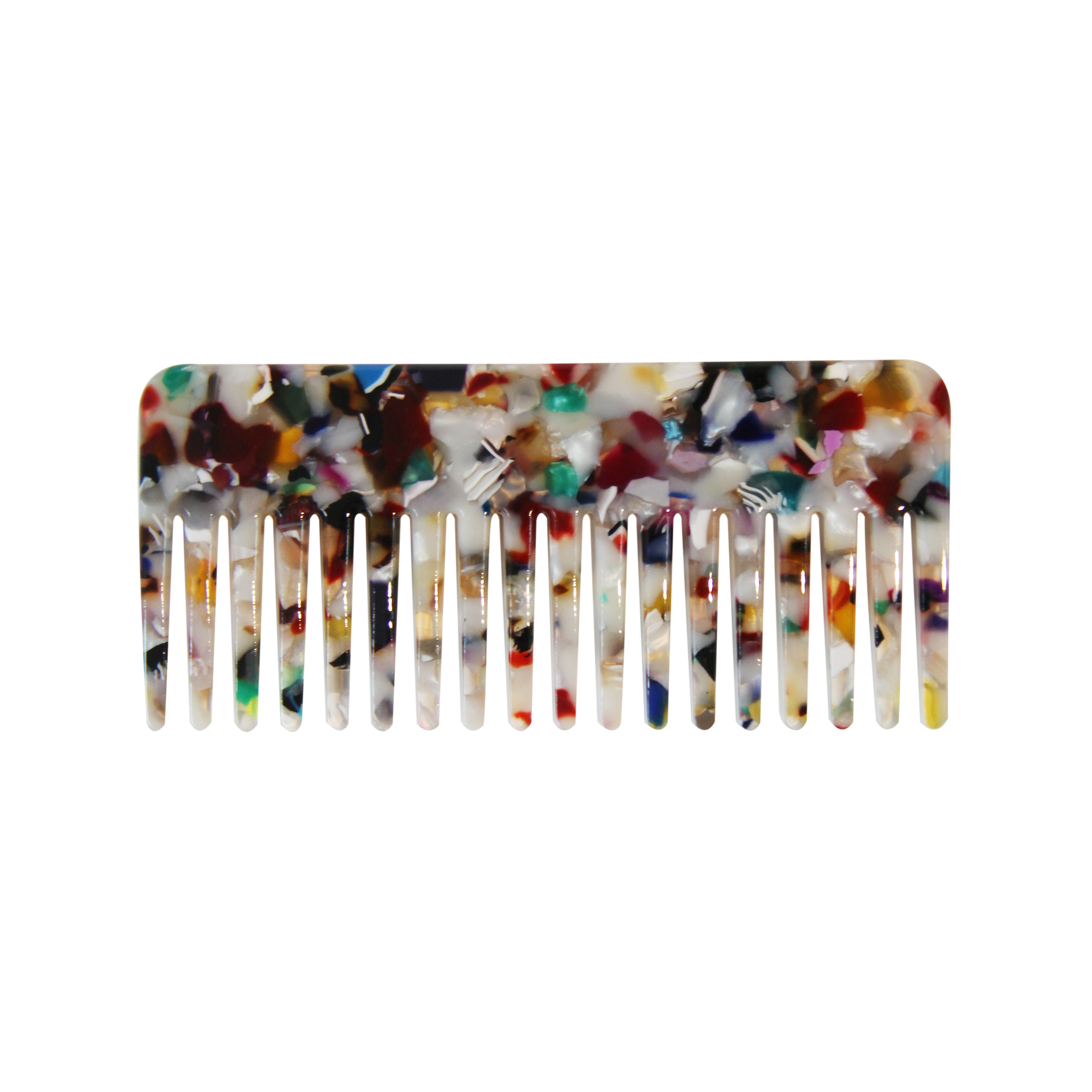 Multicolored rectangle resin hair comb on a white background