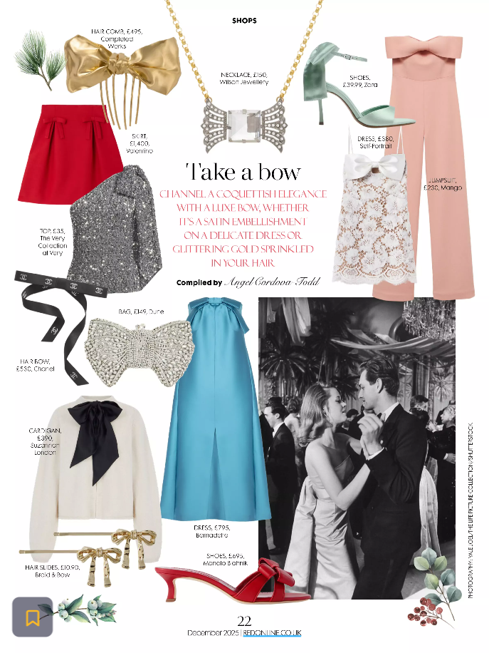 Set of 2 gold bow hair slides featured on a fashion page in red magazine