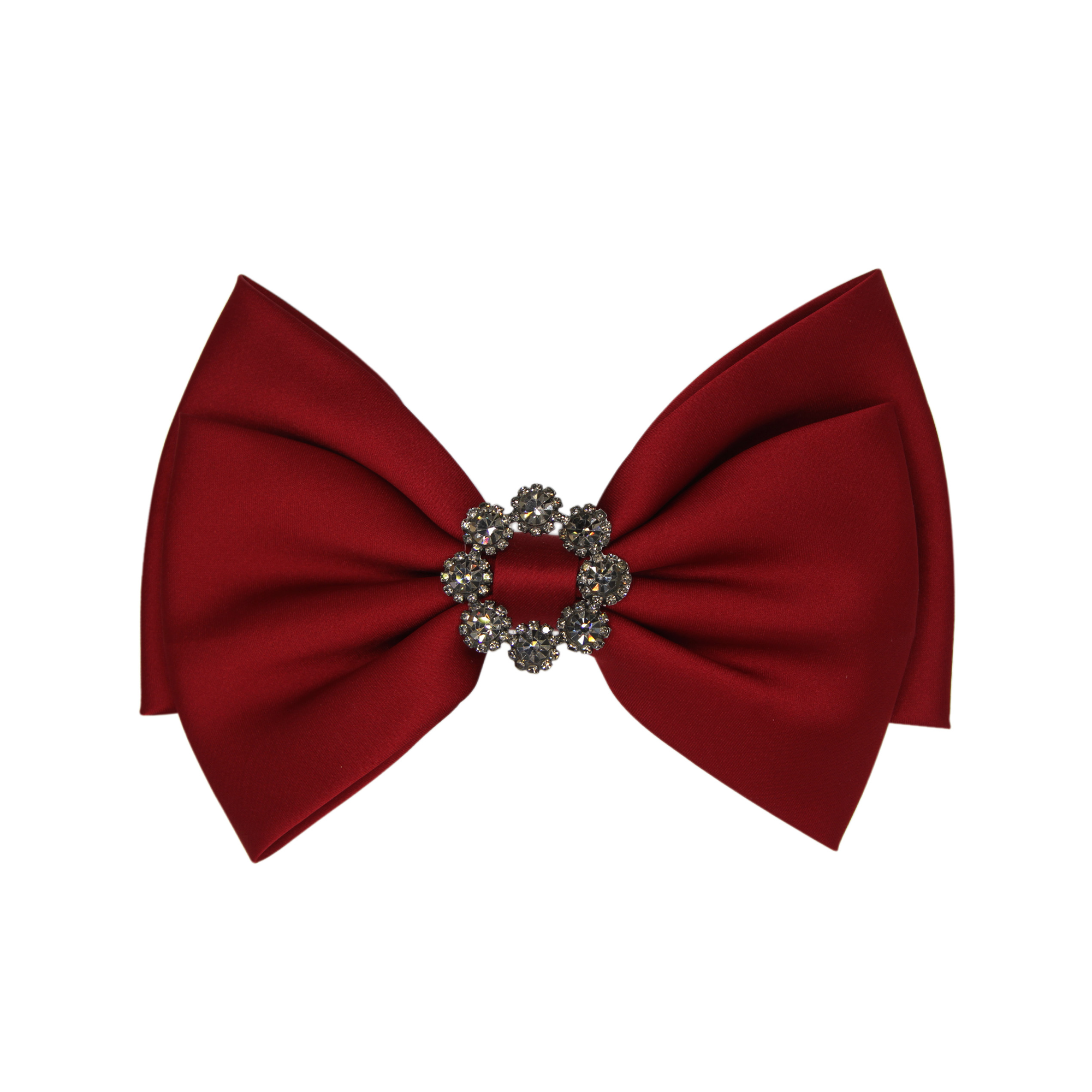 Red hair bow with a crystal rosette detail on a white background