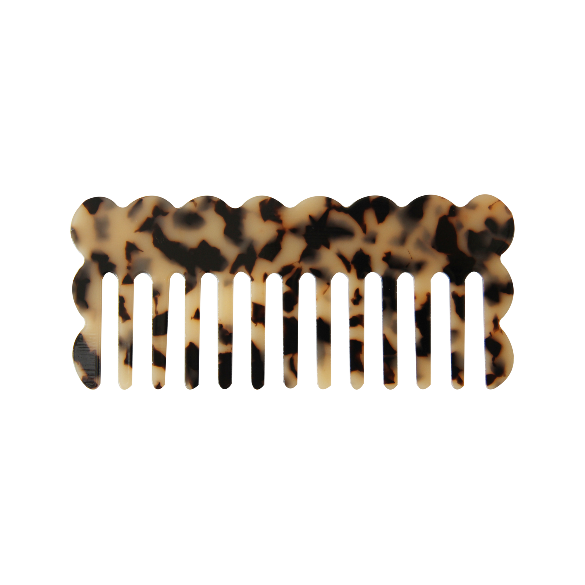 scalloped edge tortoiseshell resin hair comb on a white background
