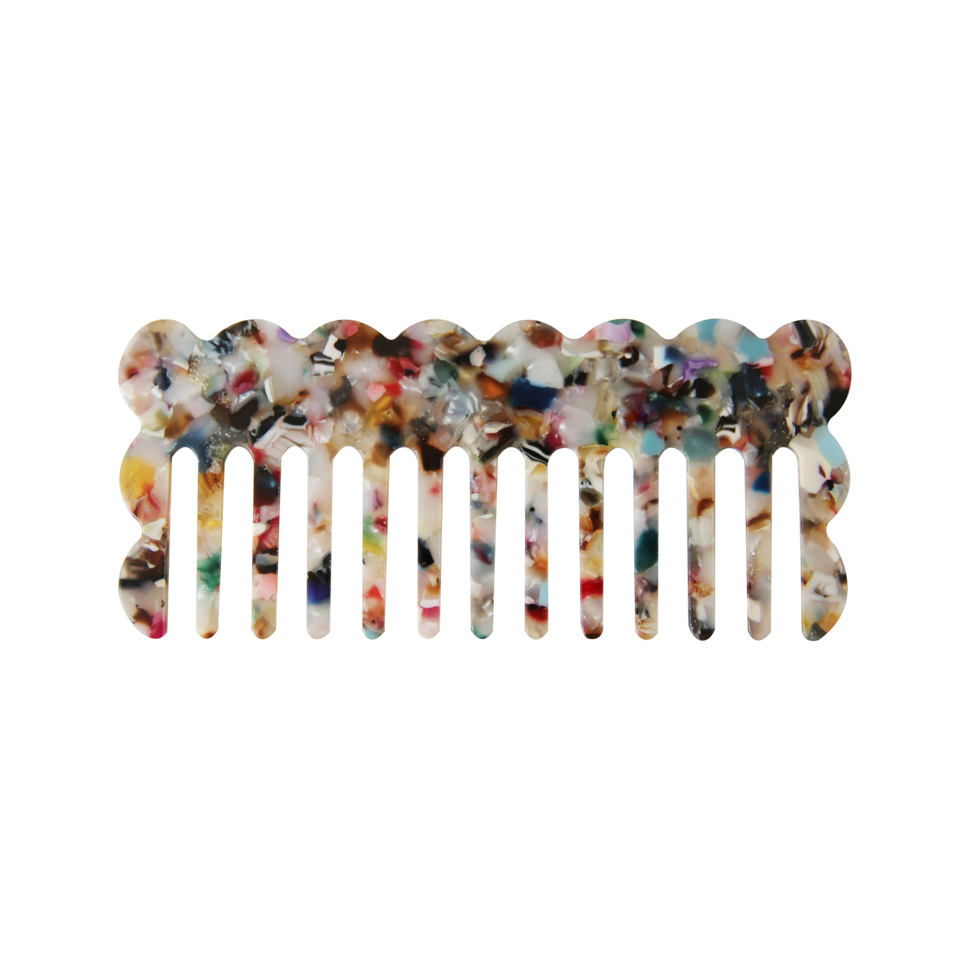 scalloped edge multicolored resin hair comb on a white background