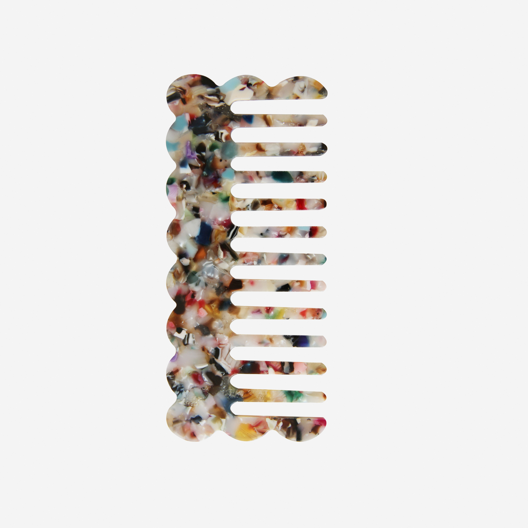 Scalloped multi coloured wide tooth resin hair comb that's great for detangling and styling
