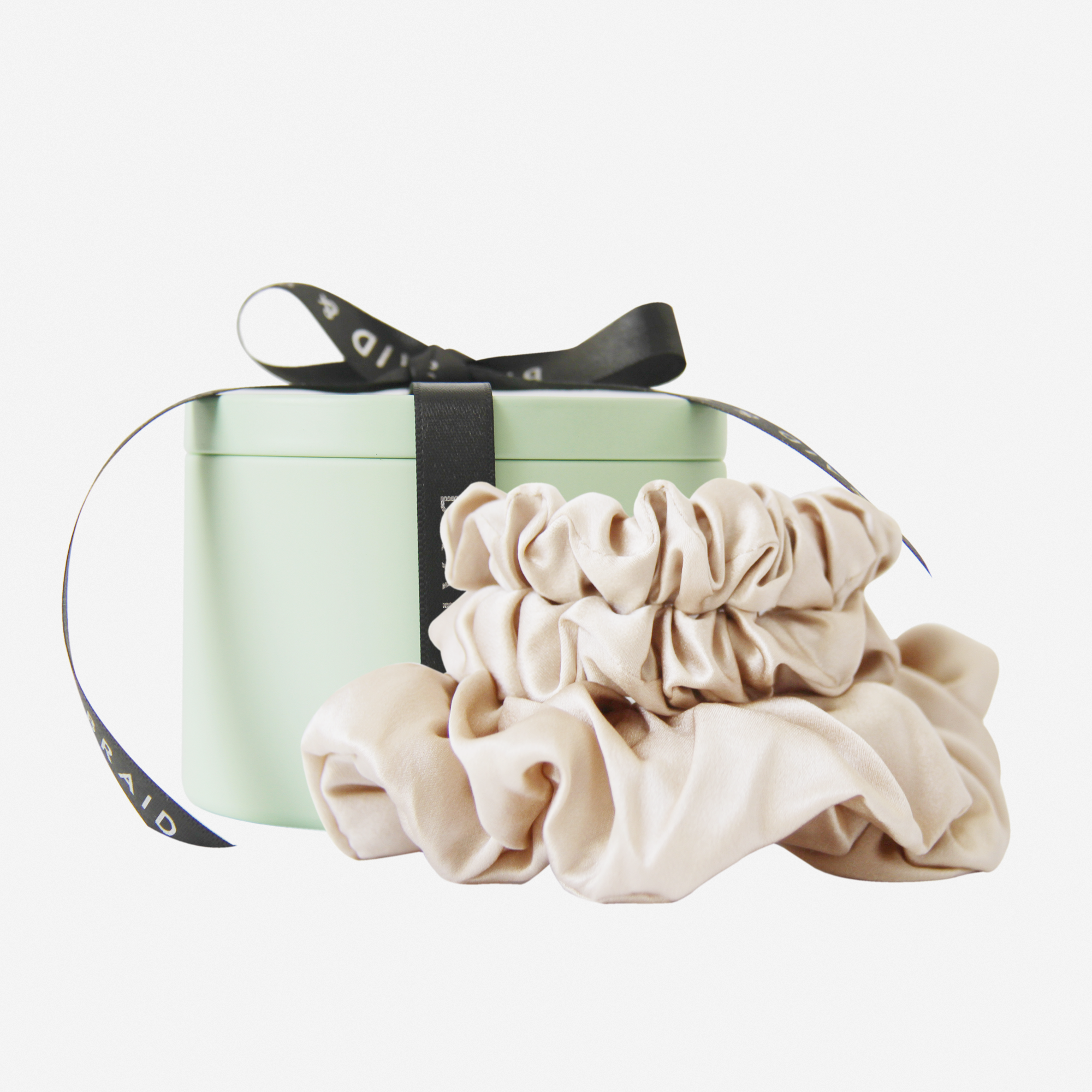 Set of 3 Champagne Silk Scrunchies in a Keepsake Tin