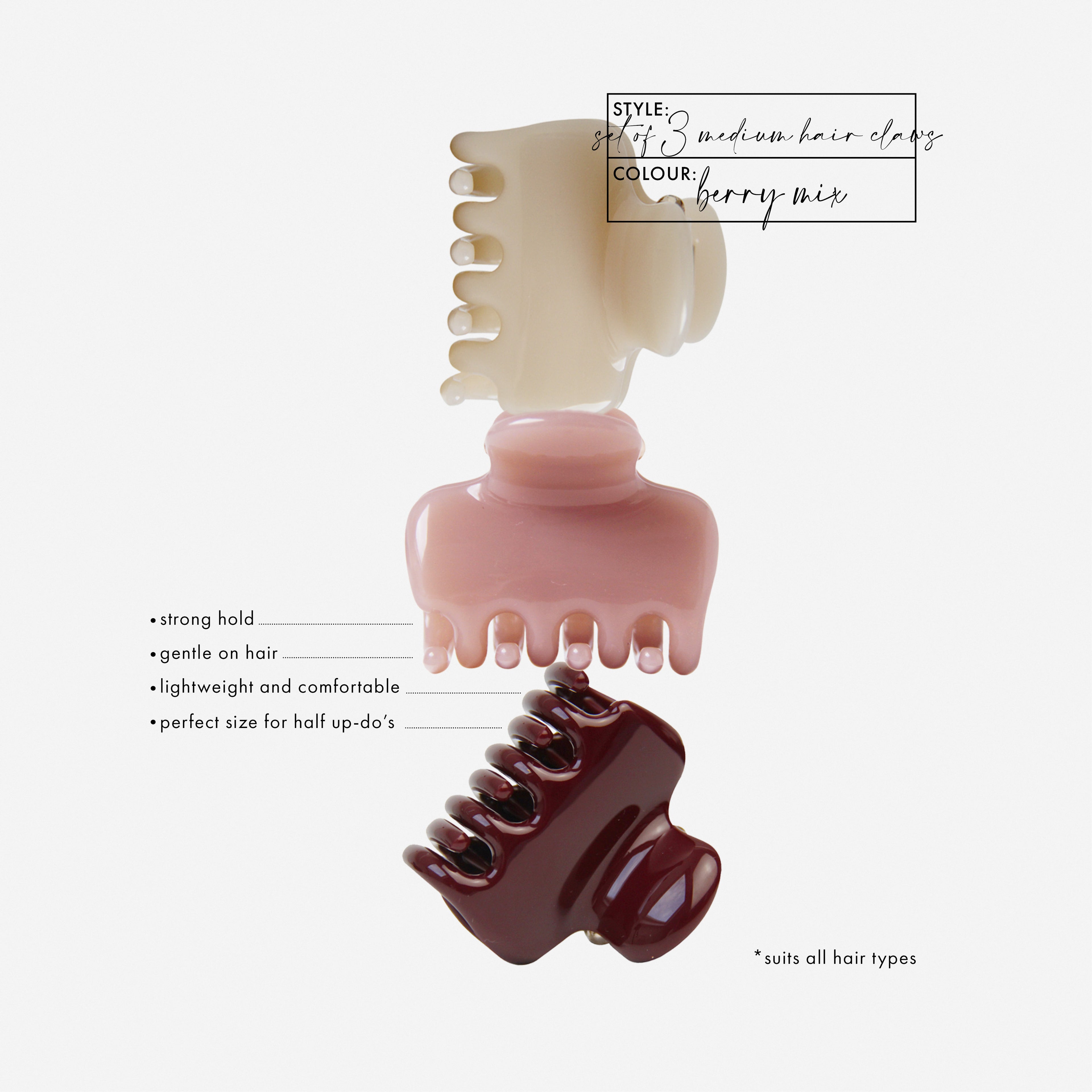 Set of 3 Berry Mix Medium Hair Claws