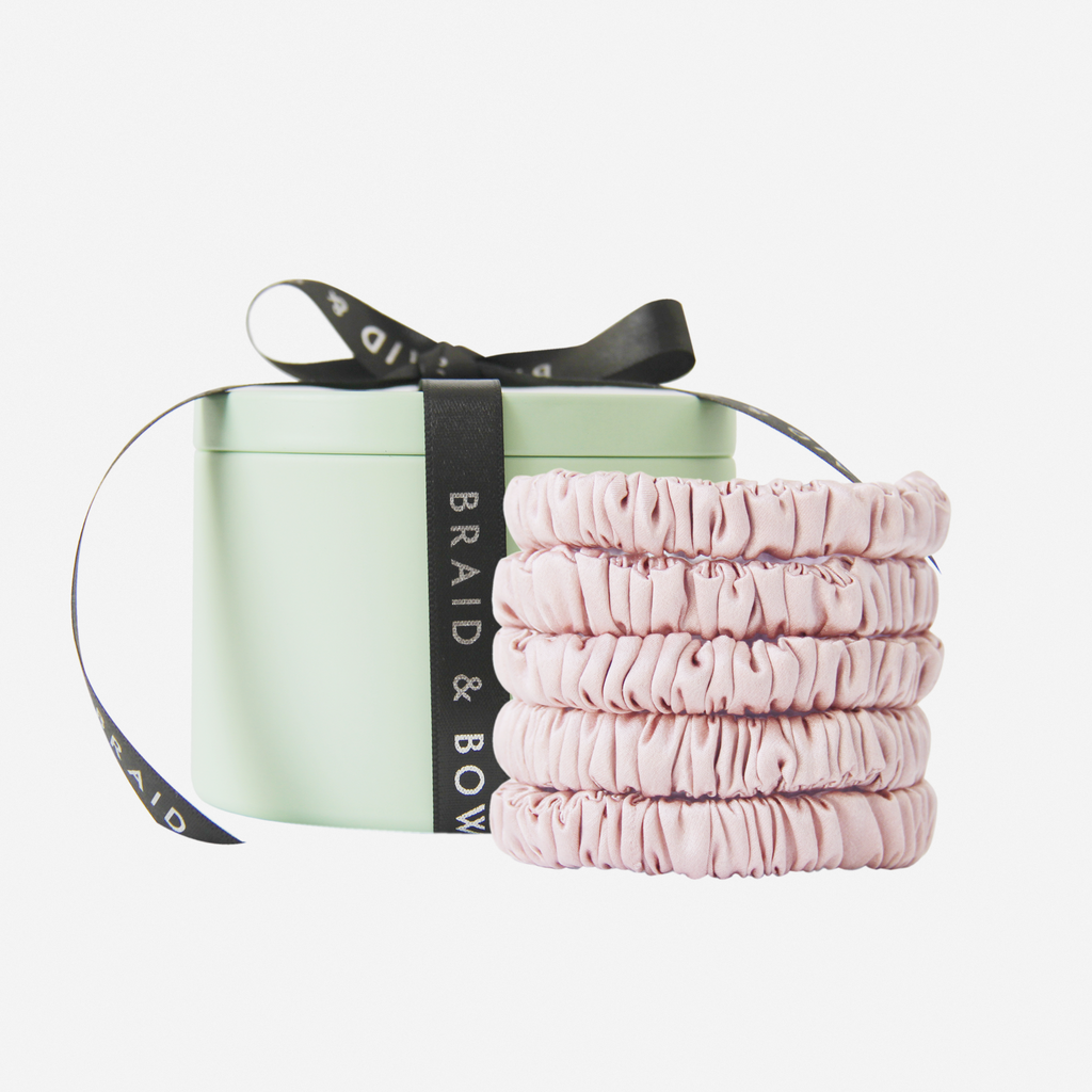 Set of 5 Pink Silk Hair Ties in a Keepsake Tin
