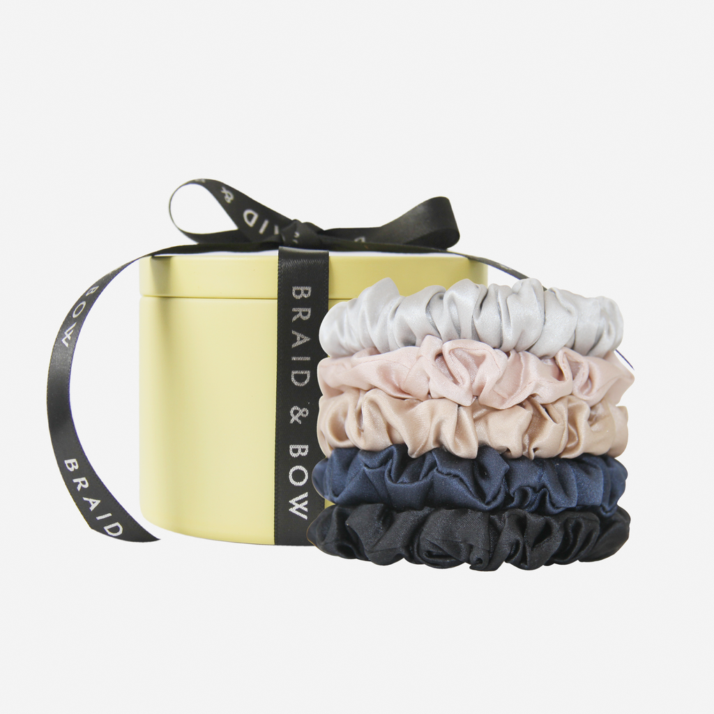 Set of 5 Silk Scrunchies in a Keepsake Tin