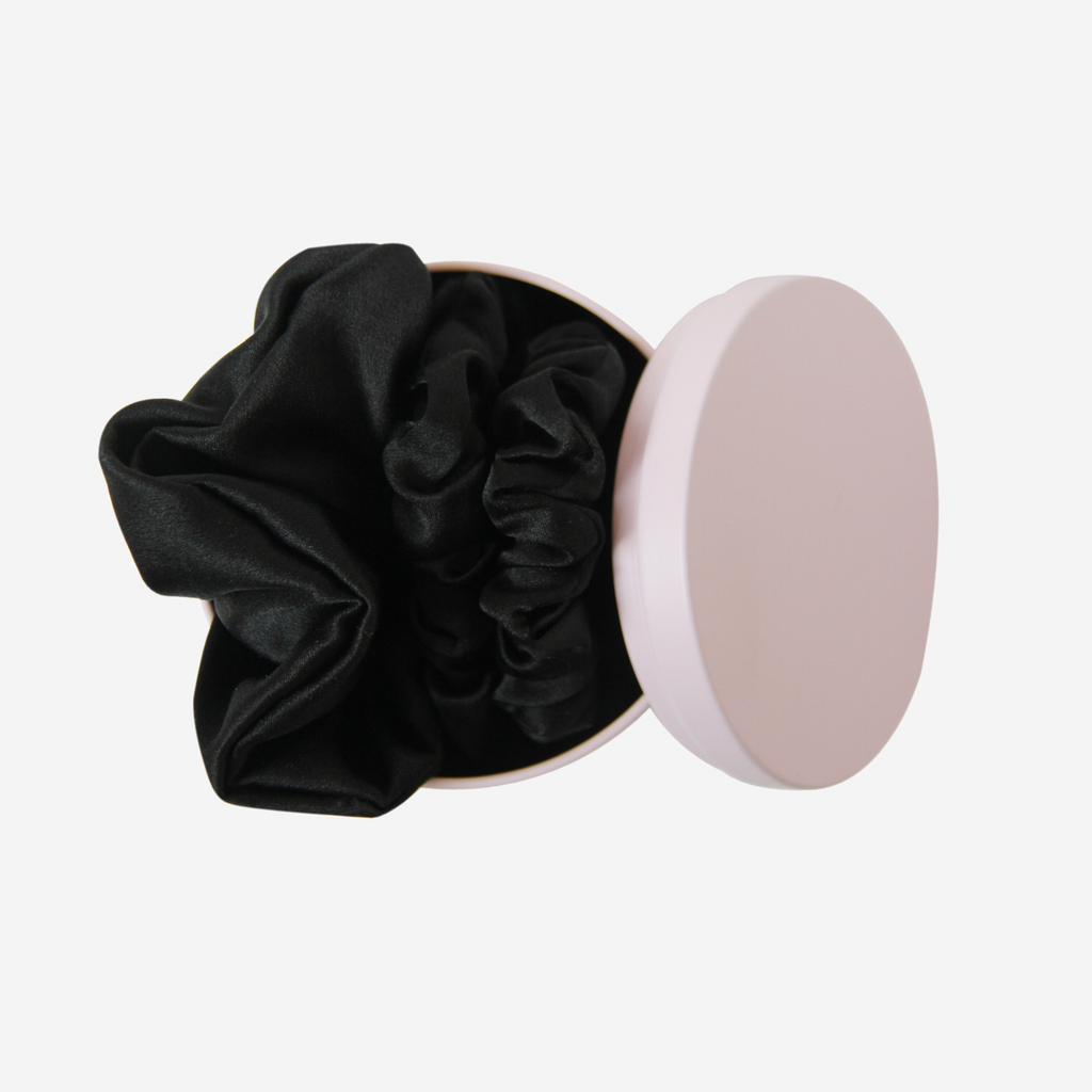Set of 3 Black Silk Scrunchies in a Keepsake Tin