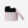 Set of 3 black silk scrunchies in pink keepsake tin, that they come packaged in and you can store them in, a great gift