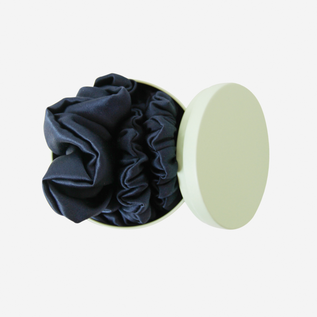 Set of 3 Navy Blue Silk Scrunchies in a Keepsake Tin
