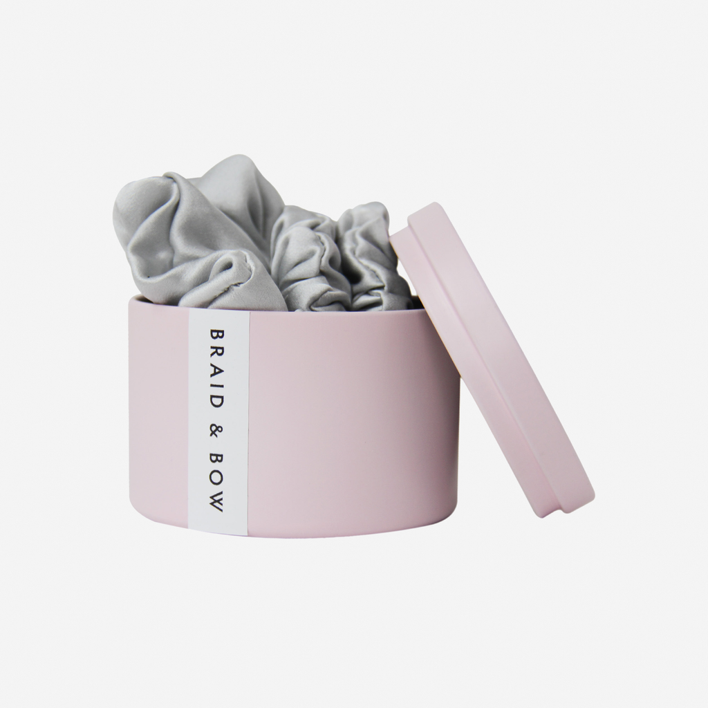Set of 3 Silver Silk Scrunchies in a Keepsake Tin